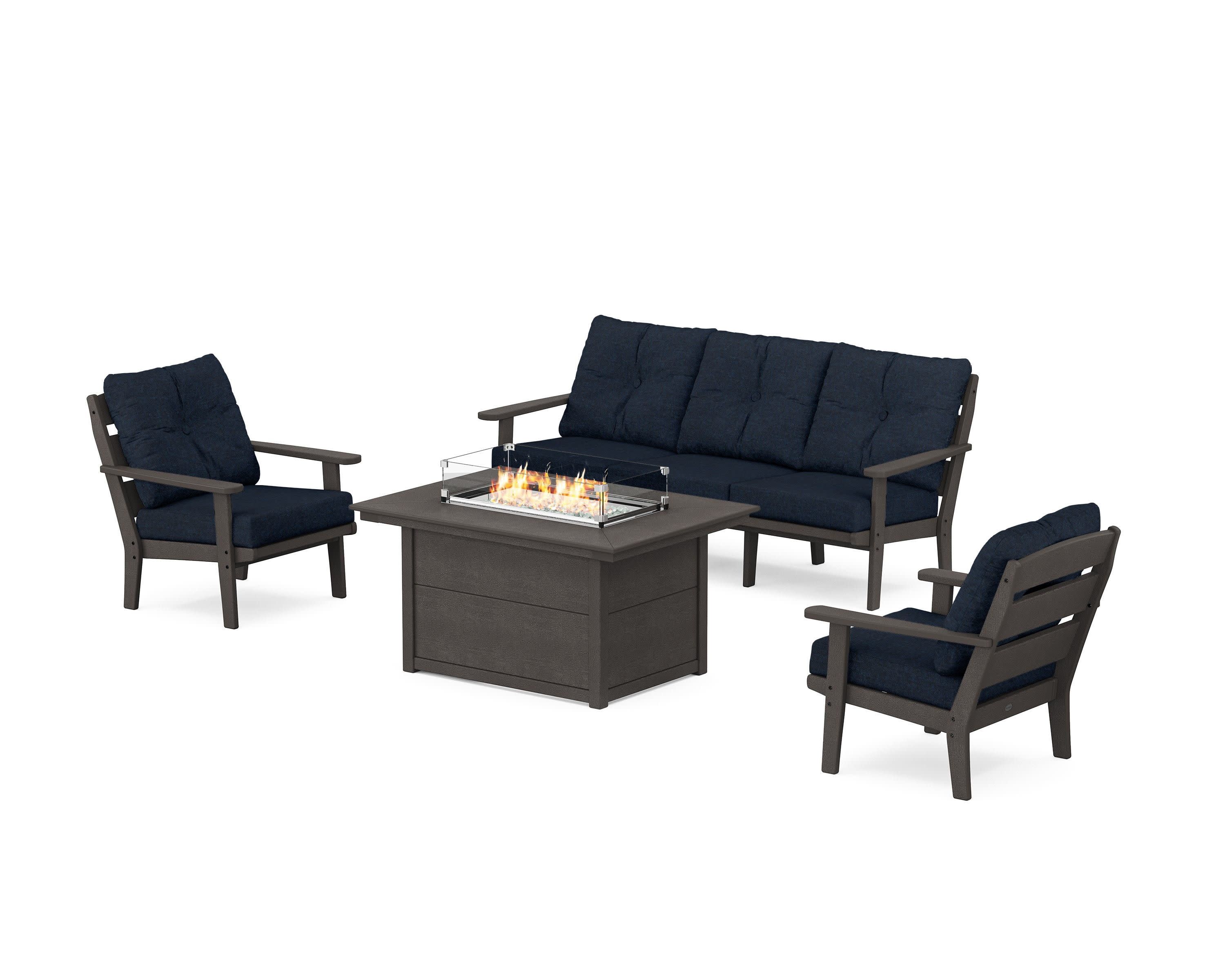 Lakeside Deep Seating Fire Pit Table Set in Vintage Coffee / Marine Indigo