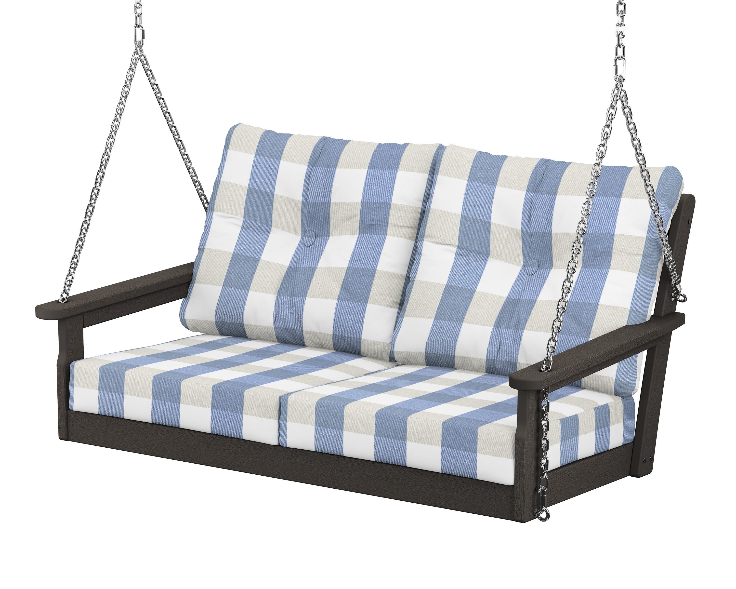 Vineyard Deep Seating Swing in Vintage Coffee / Buffalo Plaid Sky Blue