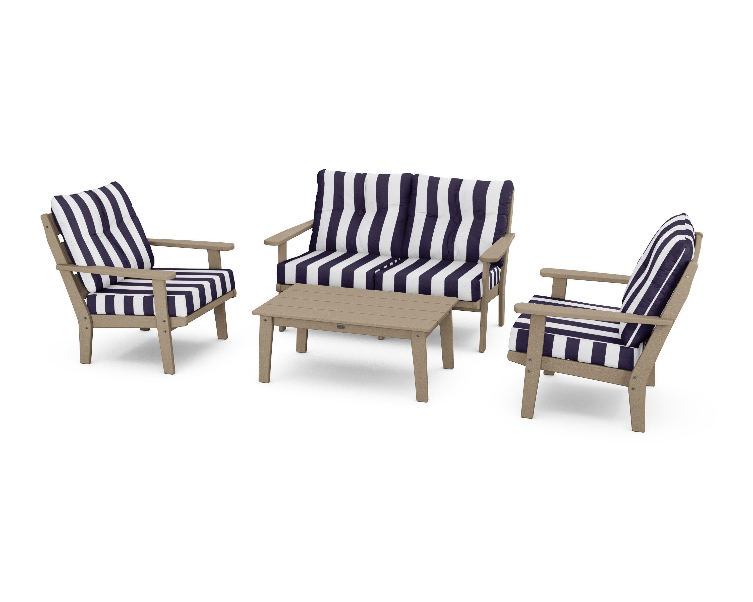 Lakeside 4-Piece Deep Seating Set in Vintage Sahara / Cabana Stripe Navy