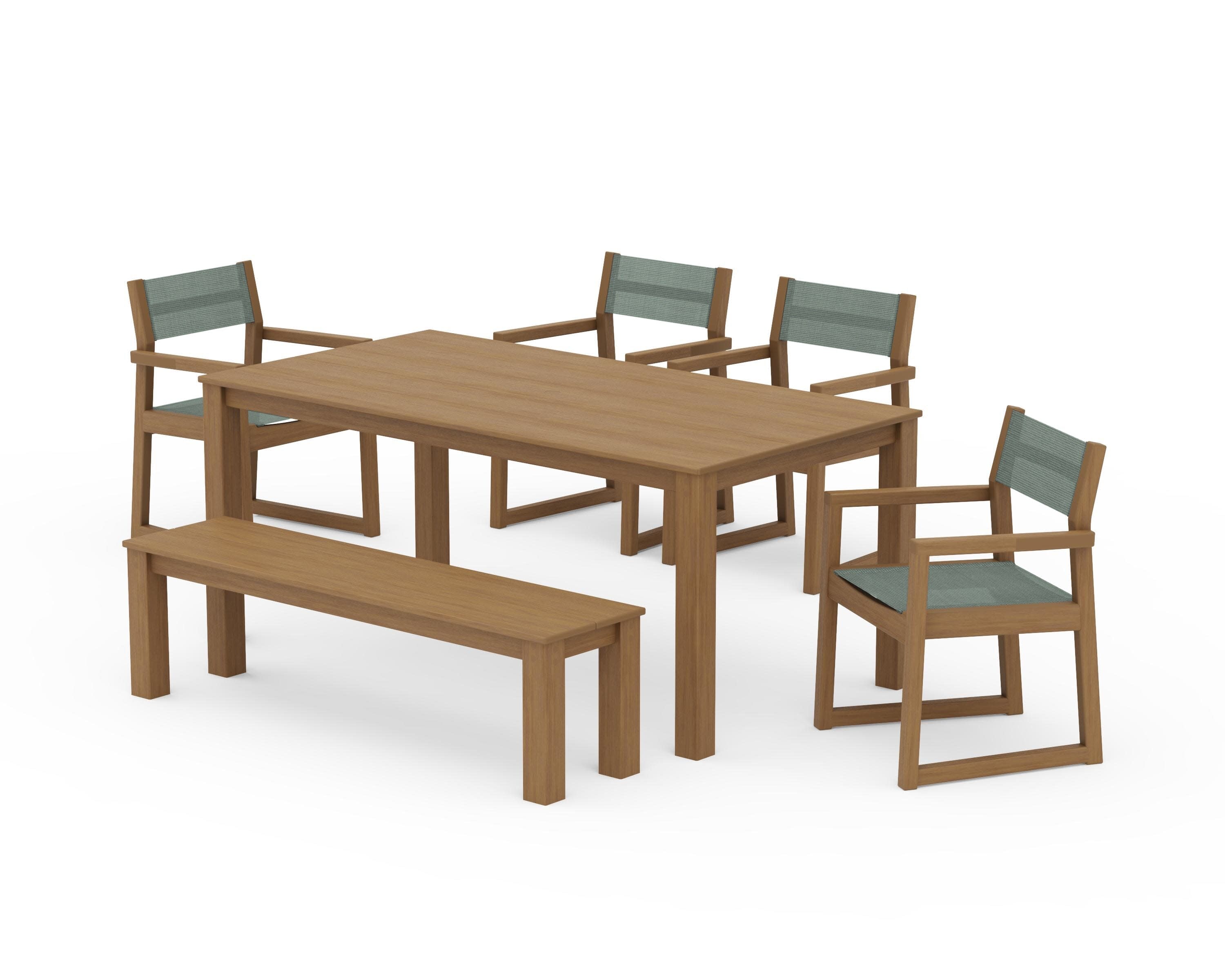 EDGE Sling Arm Chair 6-Piece Parsons Dining Set with Bench in Natural / Dupioni Sea Mist Sling