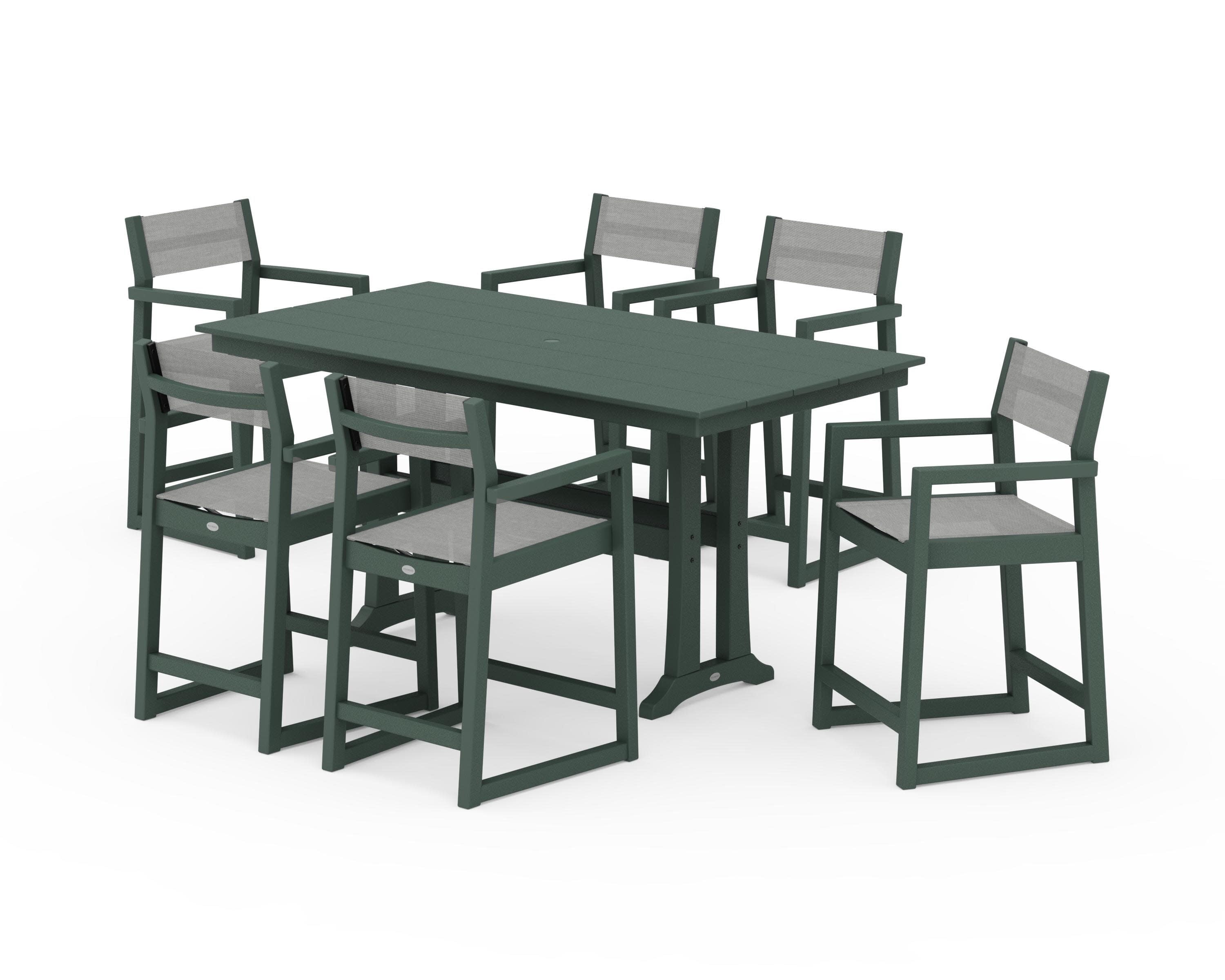 EDGE Sling Arm Chair 7-Piece Farmhouse Counter Set with Trestle Legs in Green / Metallic Sling