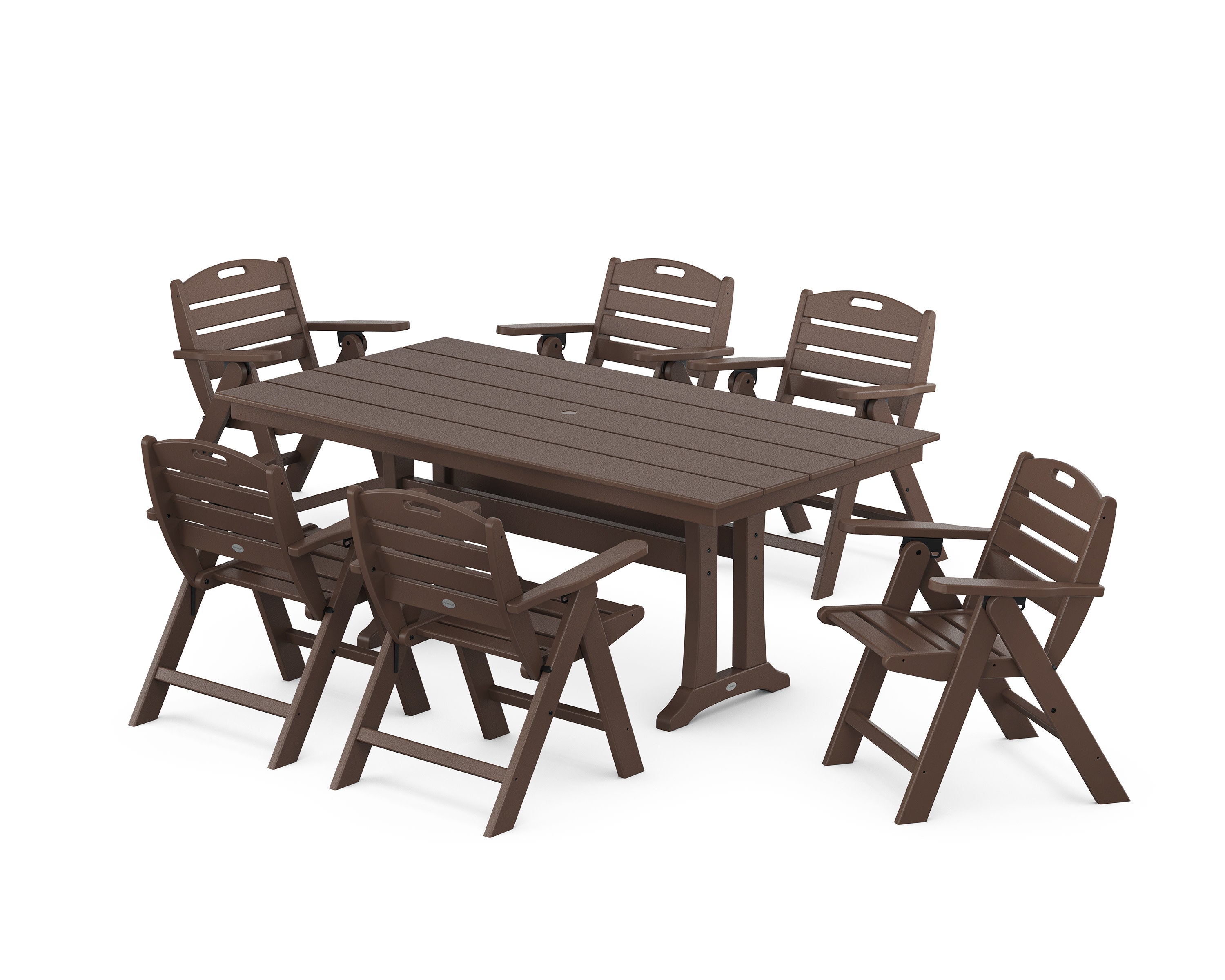 Nautical Lowback 7-Piece Farmhouse Dining Set with Trestle Legs in Mahogany