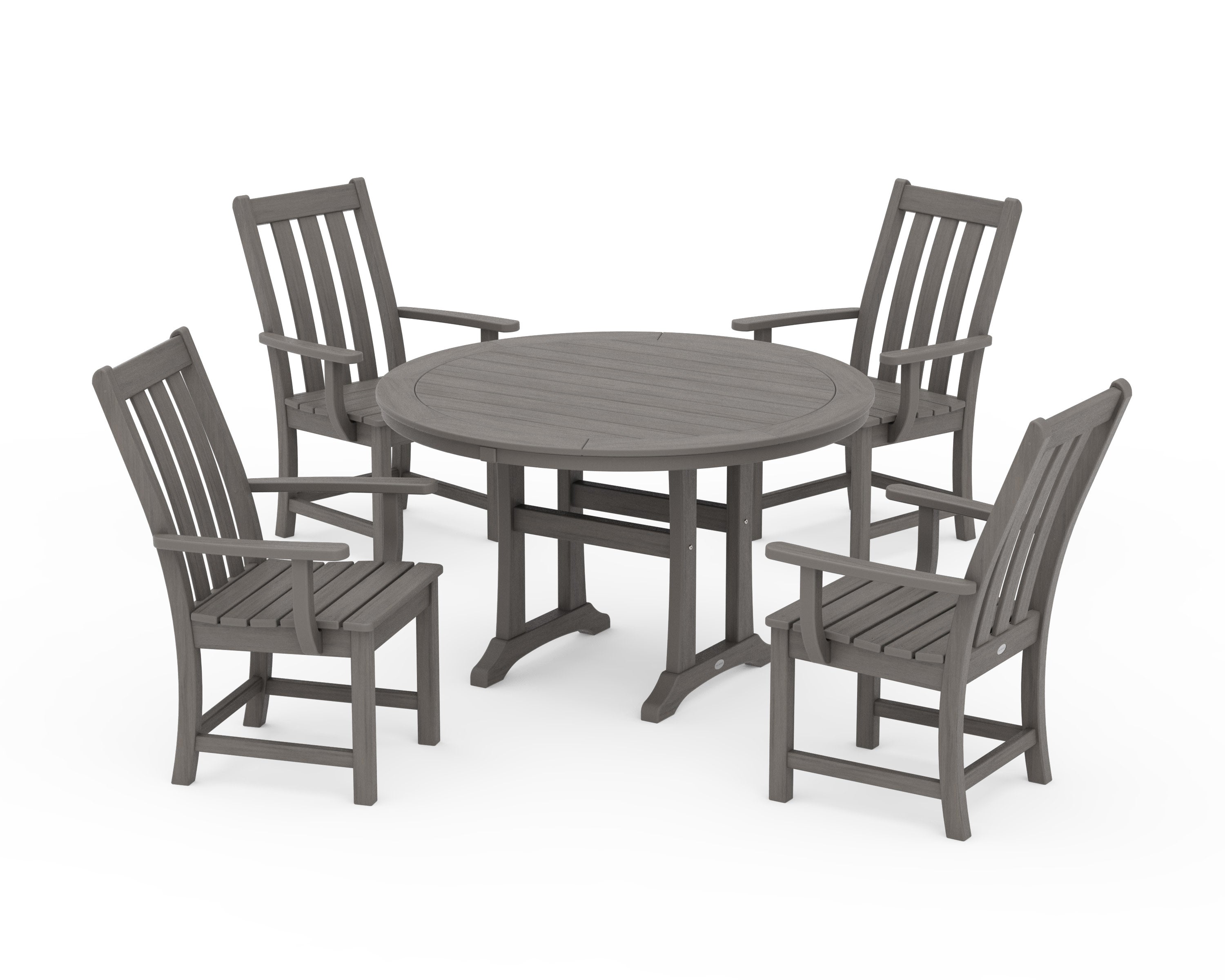 Vineyard 5-Piece Round Dining Set with Trestle Legs in Driftwood