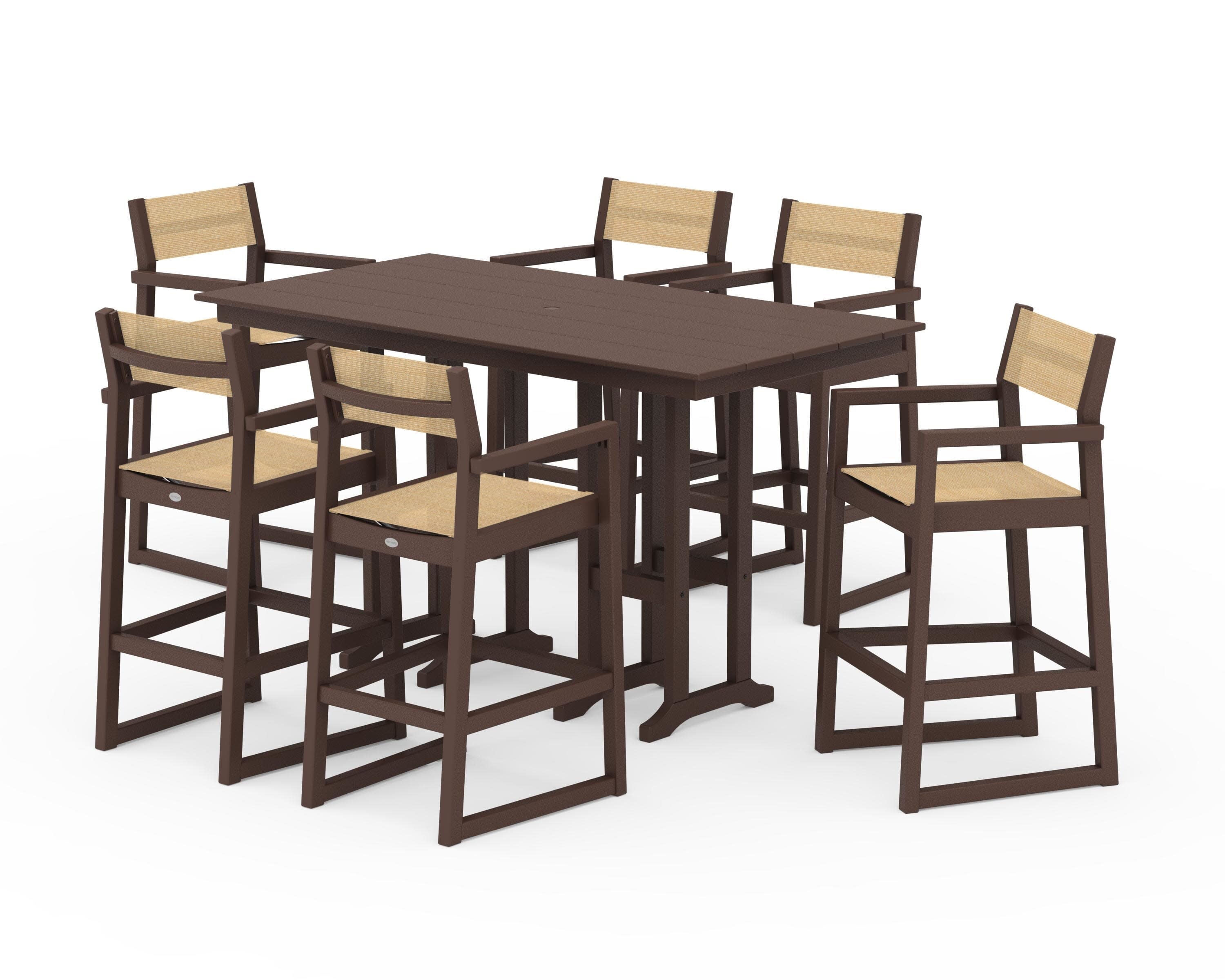 EDGE Sling Arm Chair 7-Piece Farmhouse Bar Set in Mahogany / Dupioni Apricot Sling