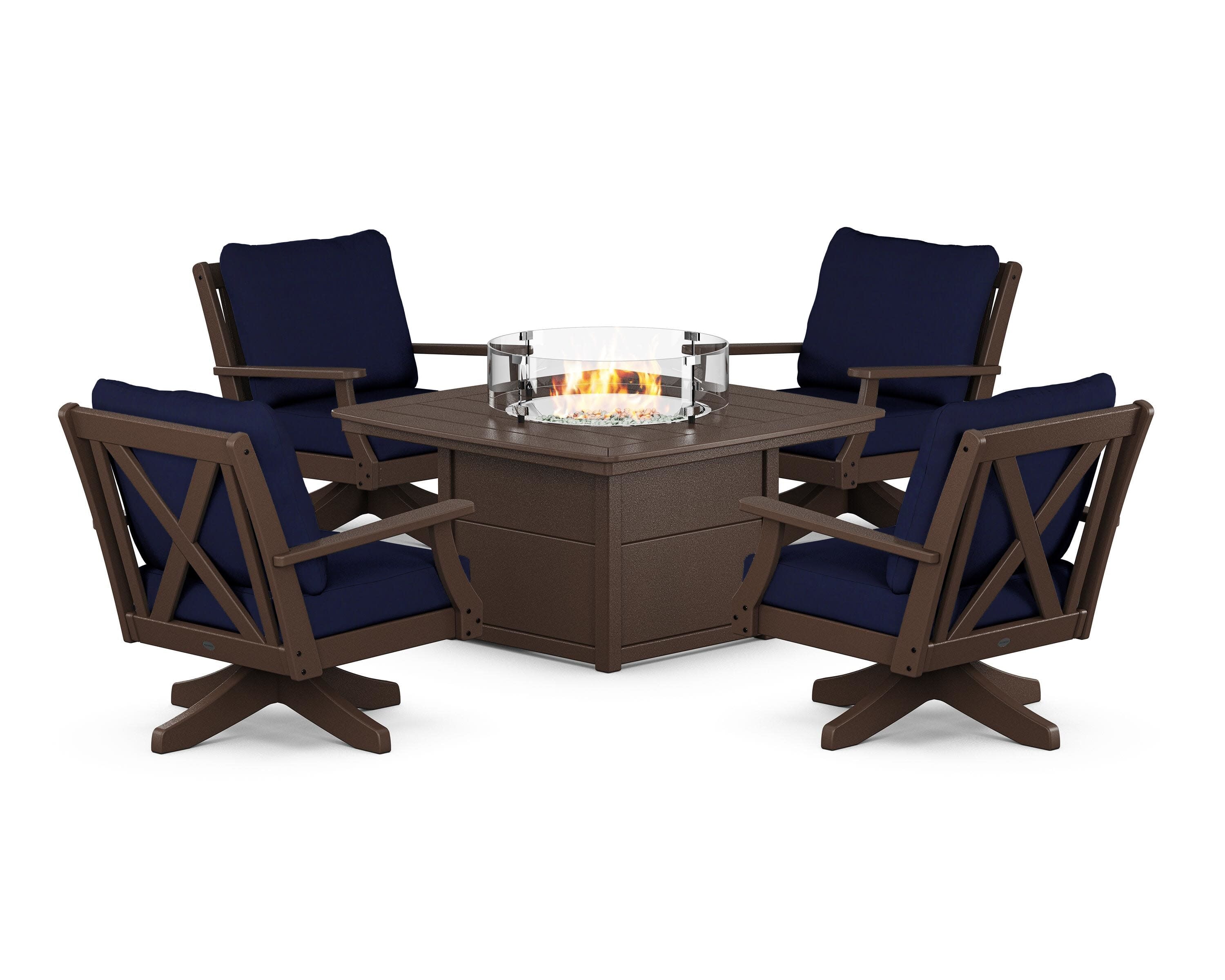Braxton 5-Piece Deep Seating Swivel Conversation Set with Fire Pit Table in Mahogany / Navy