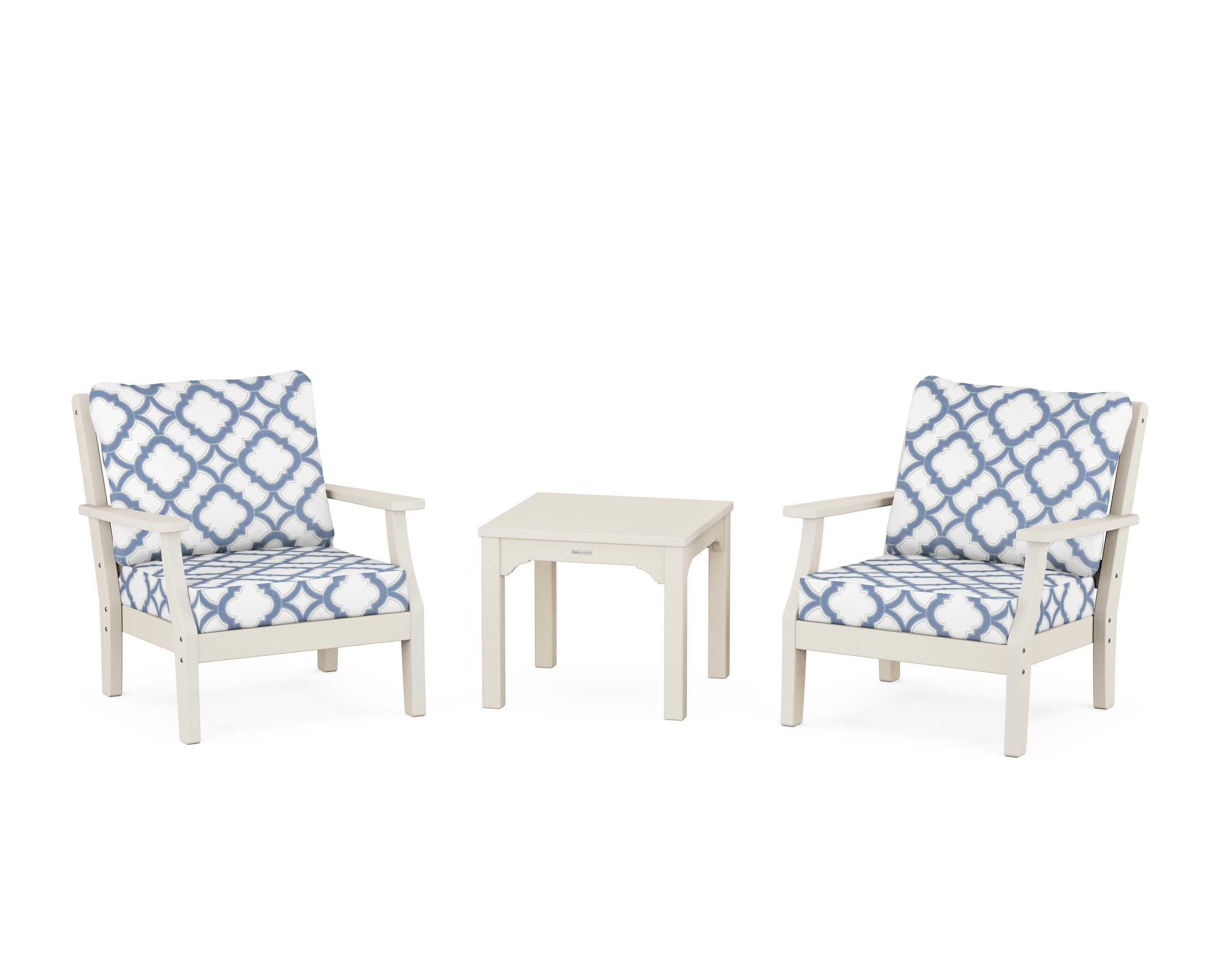 Chinoiserie 3-Piece Deep Seating Set in Sand / Trellis Sky Blue