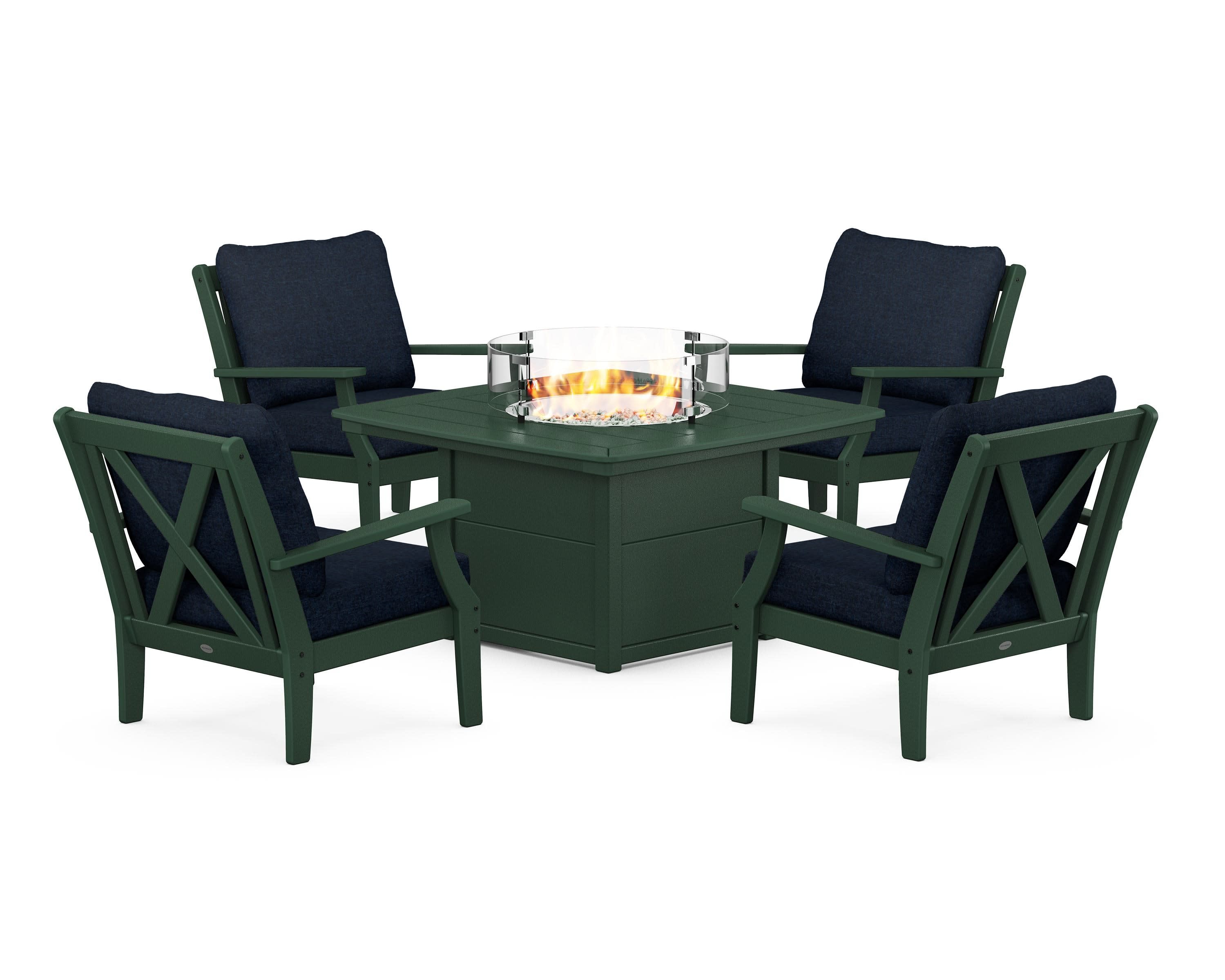 Braxton 5-Piece Deep Seating Conversation Set with Fire Pit Table in Green / Marine Indigo