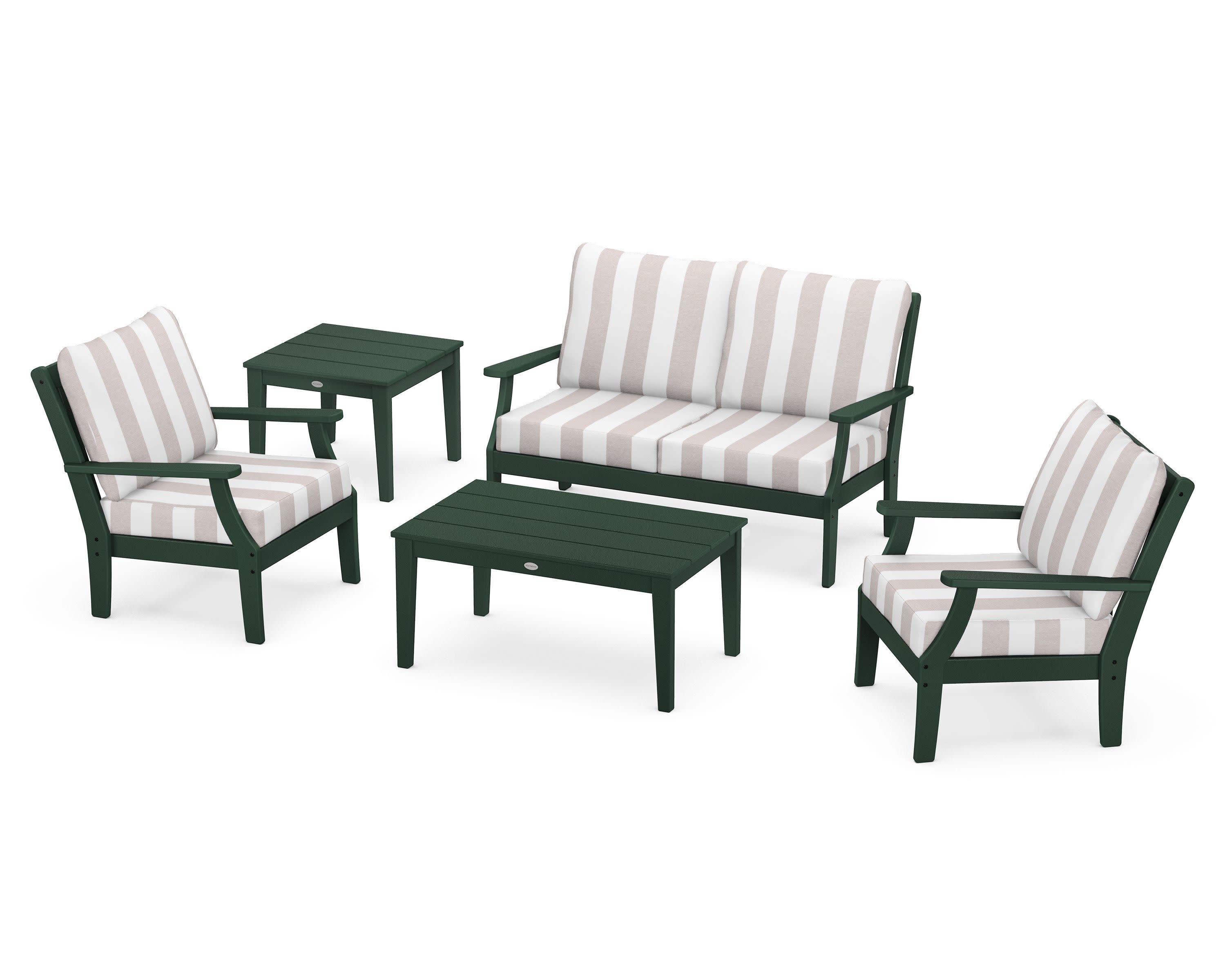 Braxton 5-Piece Deep Seating Set in Green / Cabana Stripe Dune Burlap