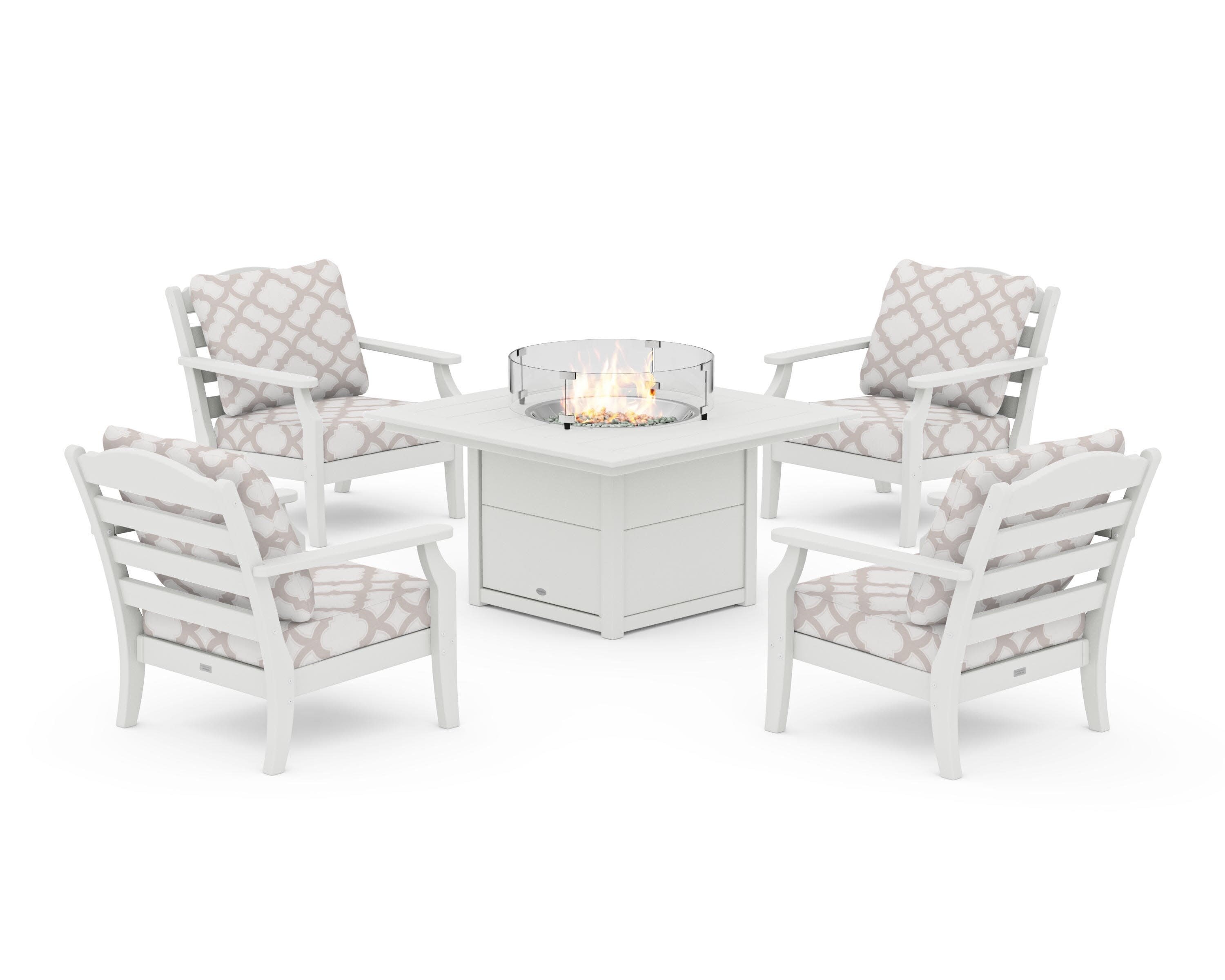 Savannah 5-Piece Deep Seating Set with Fire Pit Table in Vintage White / Trellis Dune Burlap