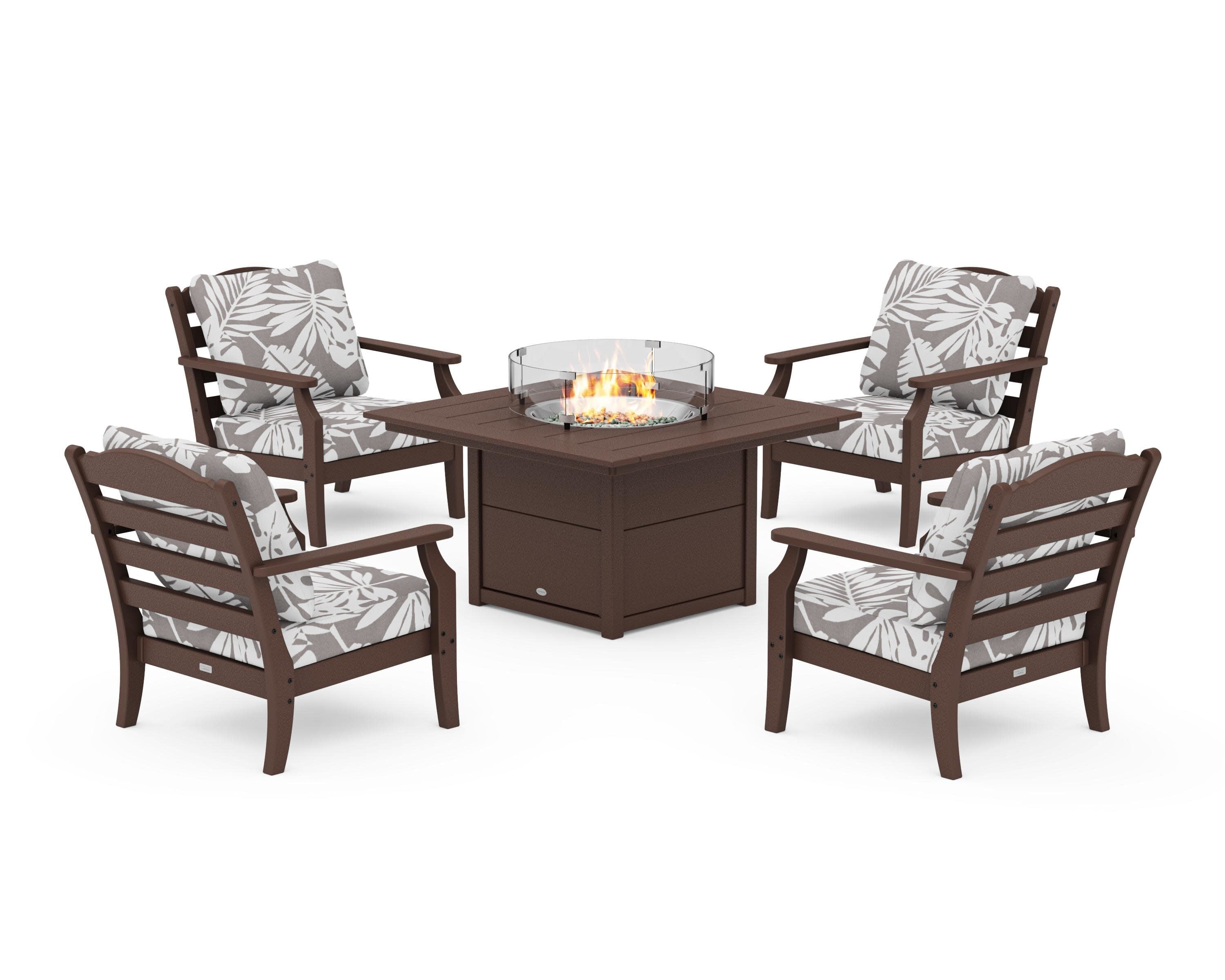 Savannah 5-Piece Deep Seating Set with Fire Pit Table in Mahogany / Leaf Grey Mist