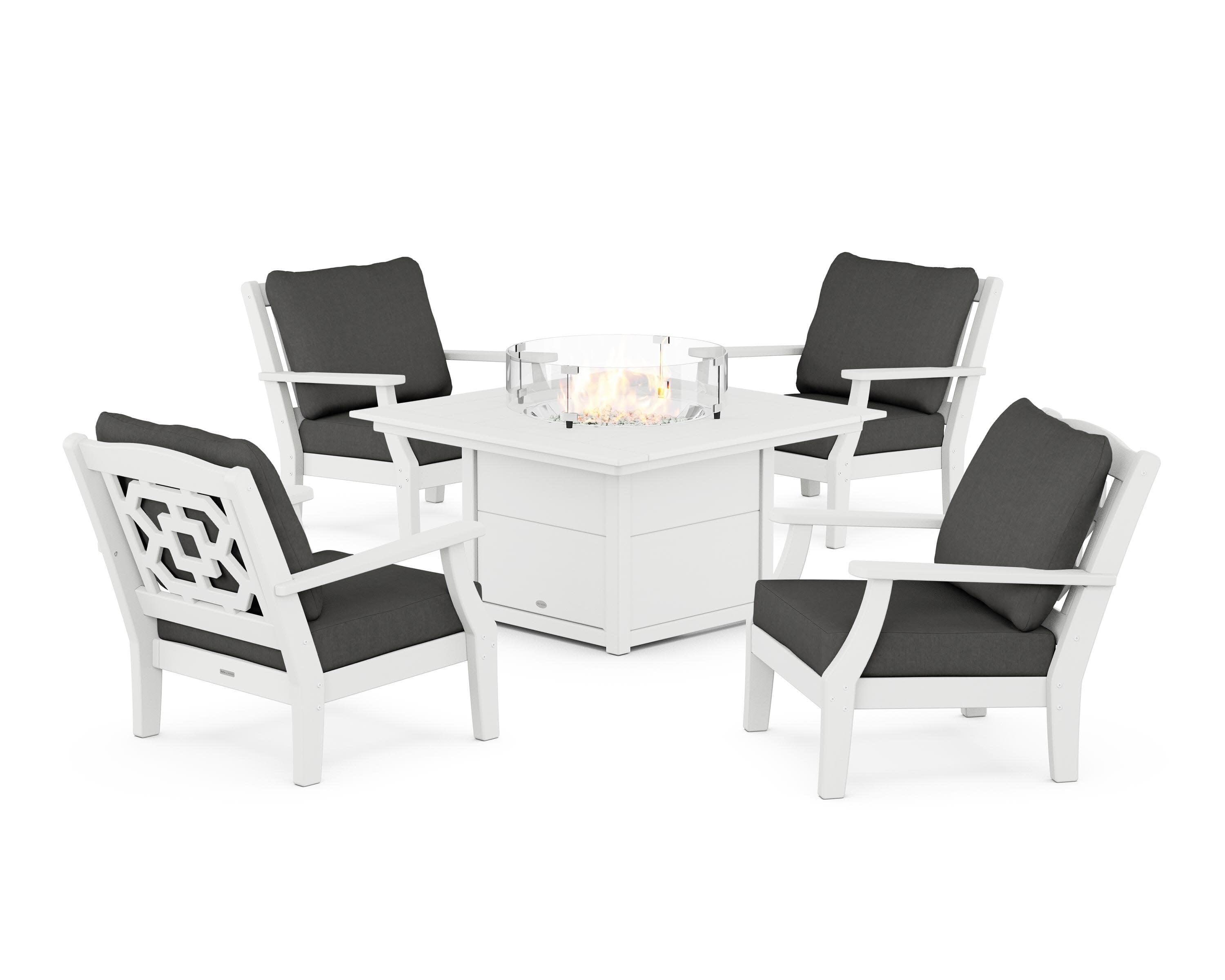 Chinoiserie 5-Piece Deep Seating Set with Fire Pit Table in White / Spectrum Carbon