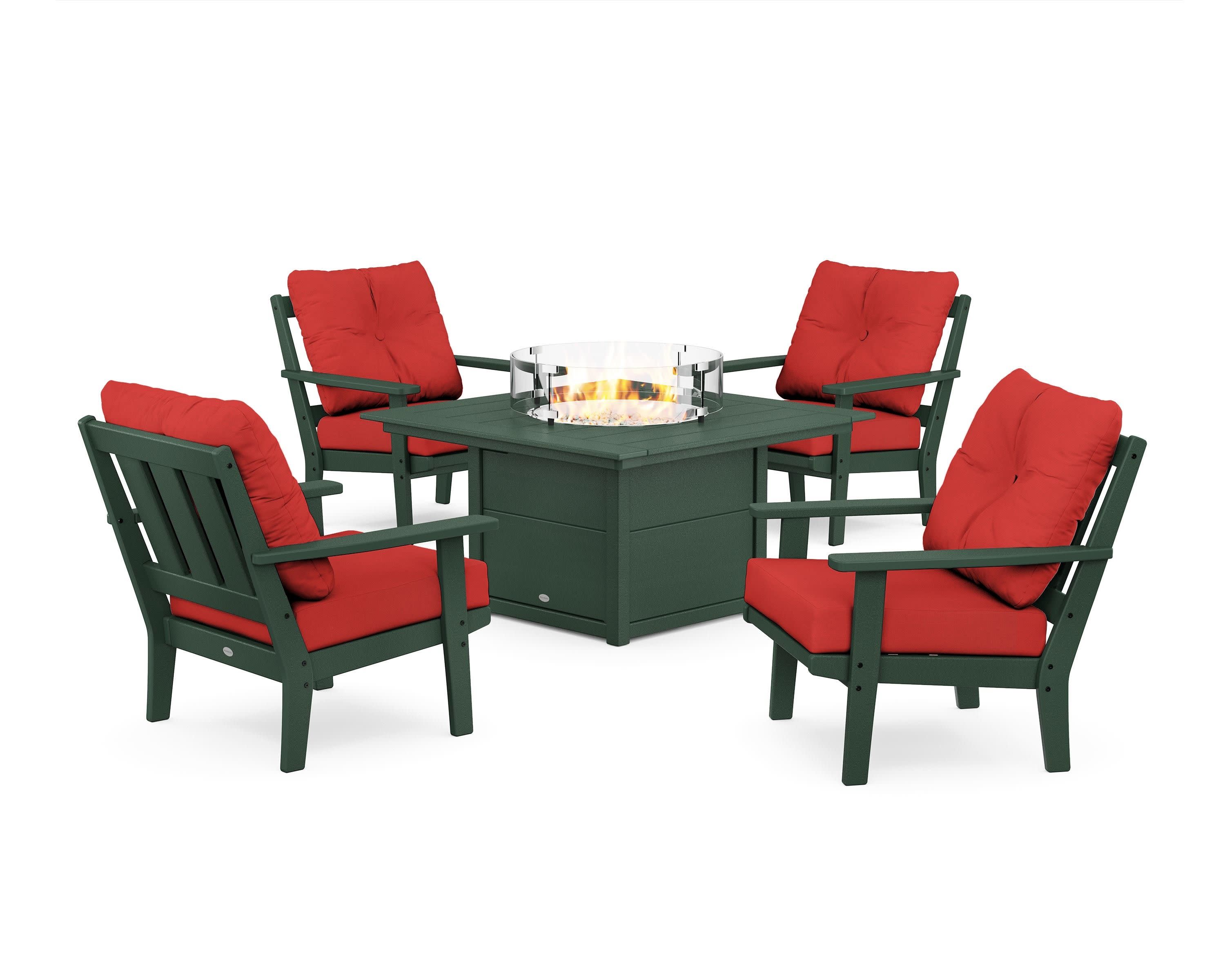 Oxford 5-Piece Deep Seating Set with Fire Pit Table in Green / Crimson Linen