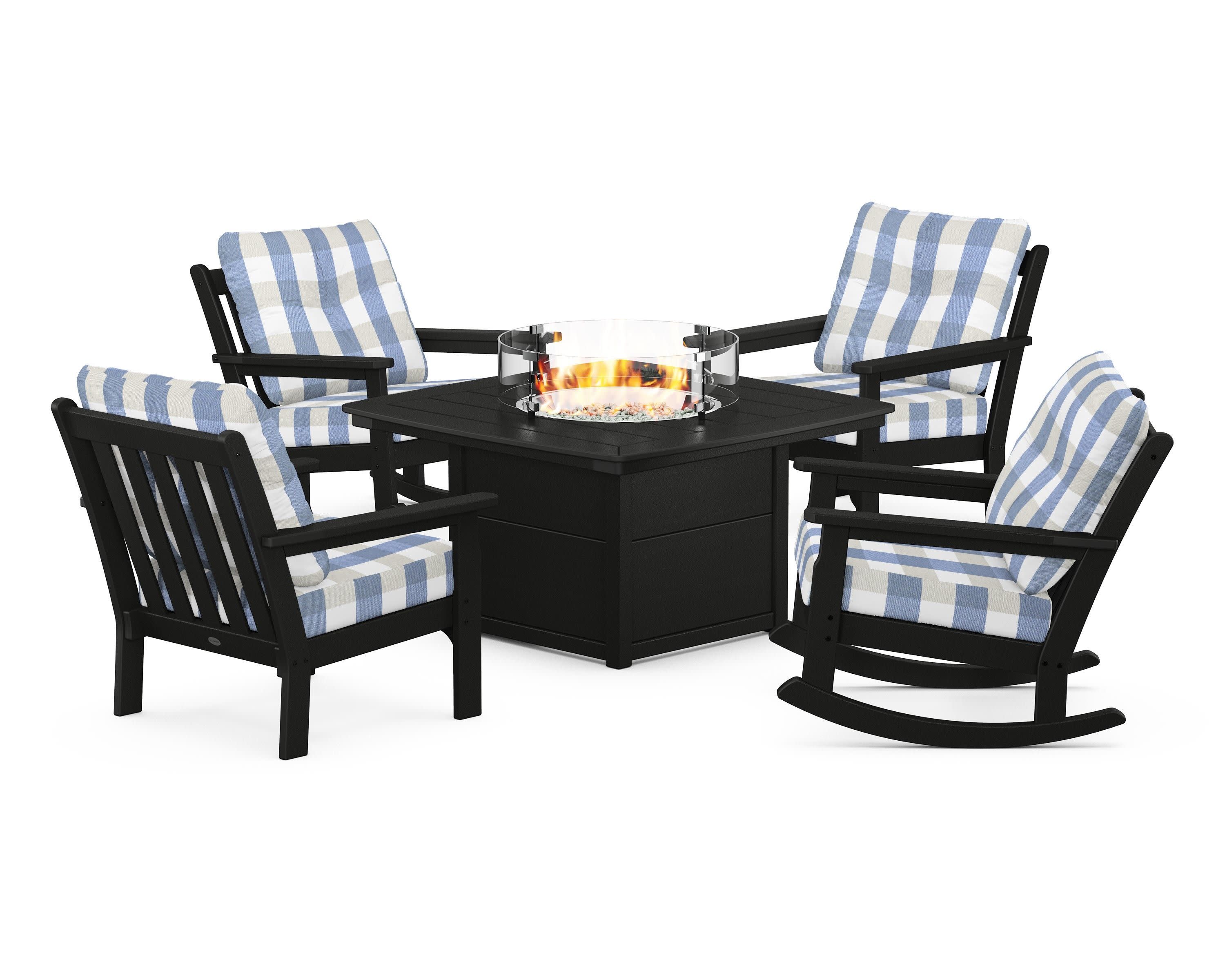 Vineyard 5-Piece Deep Seating Rocking Chair Conversation Set with Fire Pit Table in Black / Buffalo Plaid Sky Blue