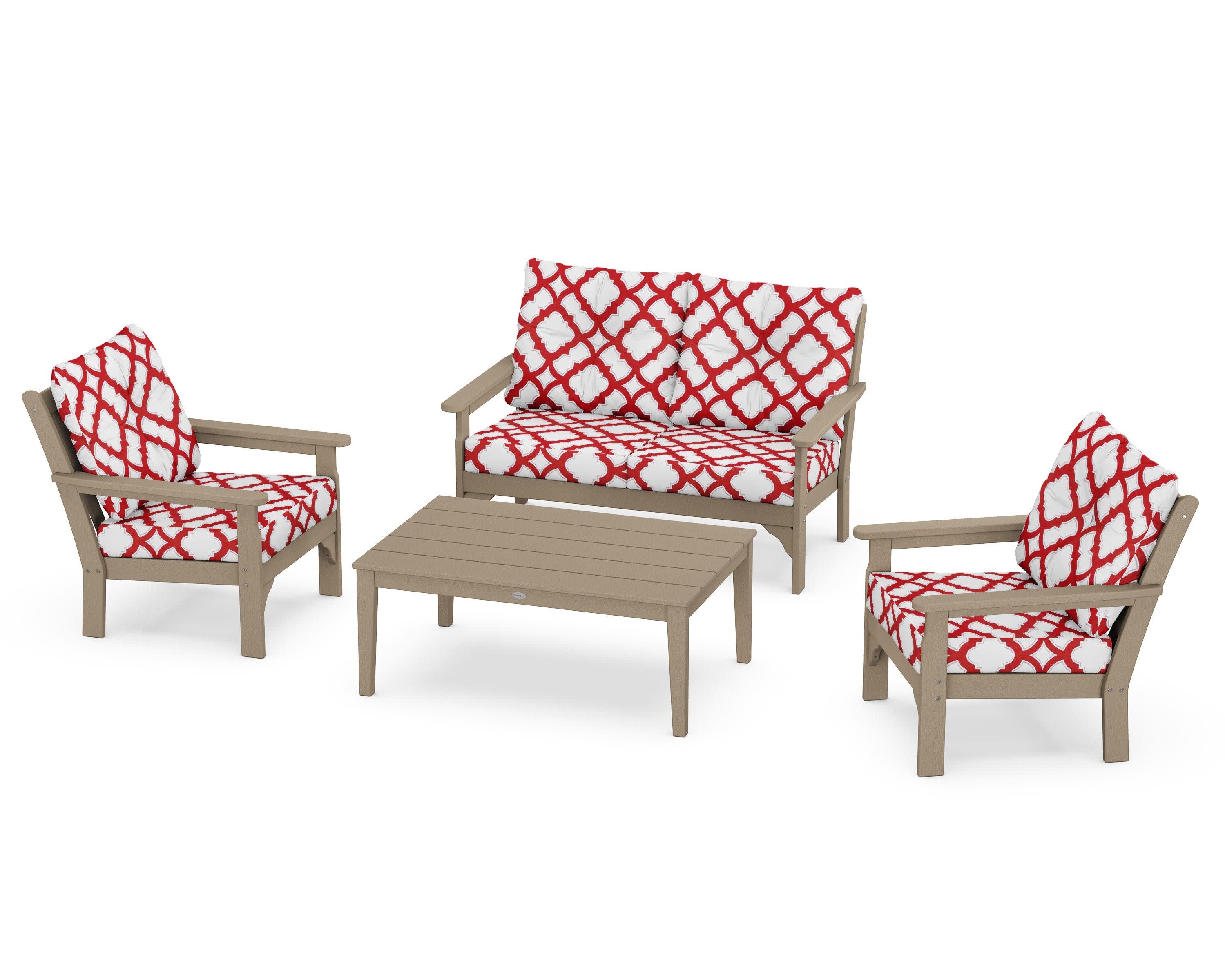 Vineyard 4-Piece Deep Seating Set in Vintage Sahara / Trellis Crimson