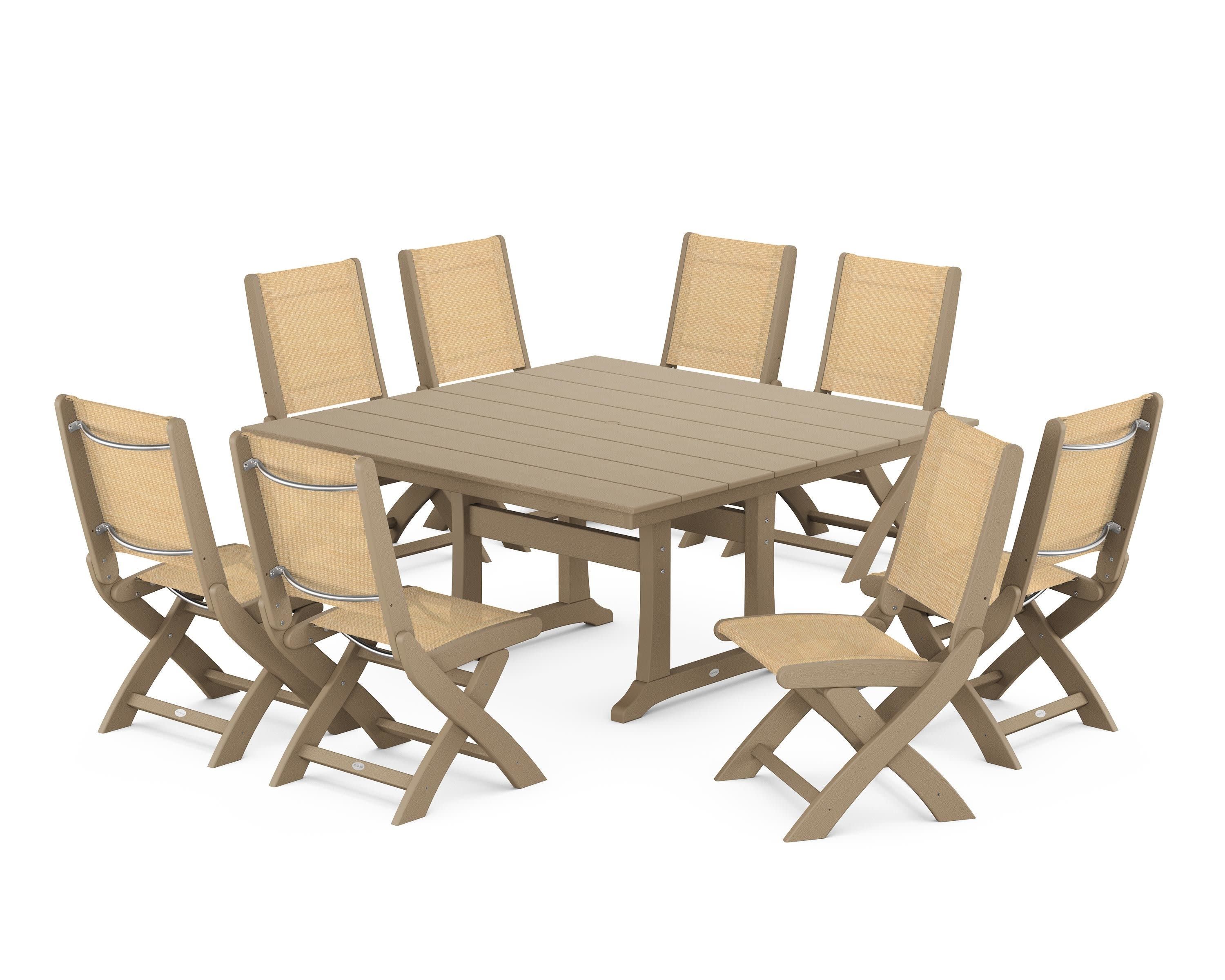 Coastal Folding Side Chair 9-Piece Farmhouse Dining Set in Vintage Sahara / Dupioni Apricot Sling