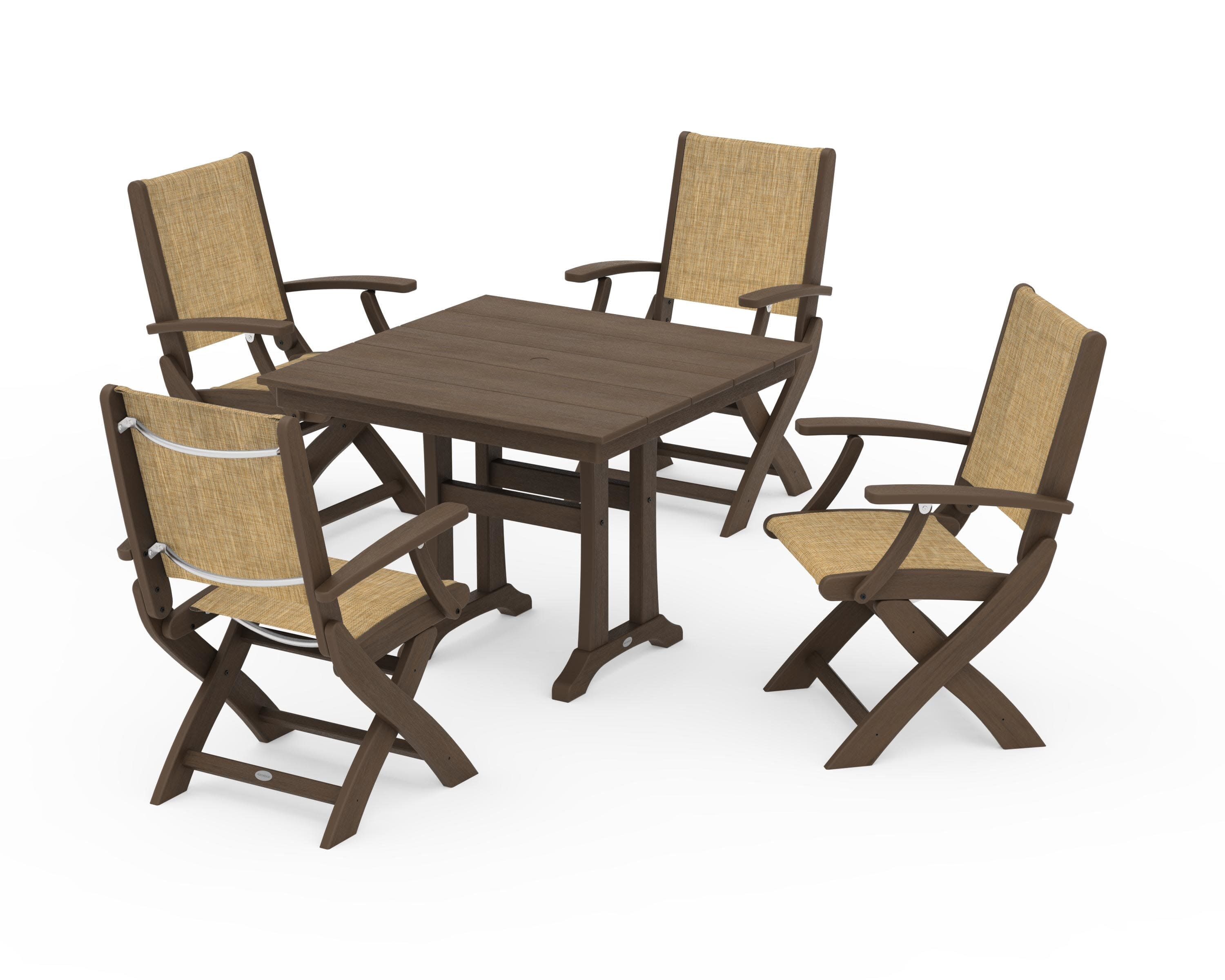 Coastal Folding Chair 5-Piece Farmhouse Dining Set With Trestle Legs in Kona / Burlap Sling