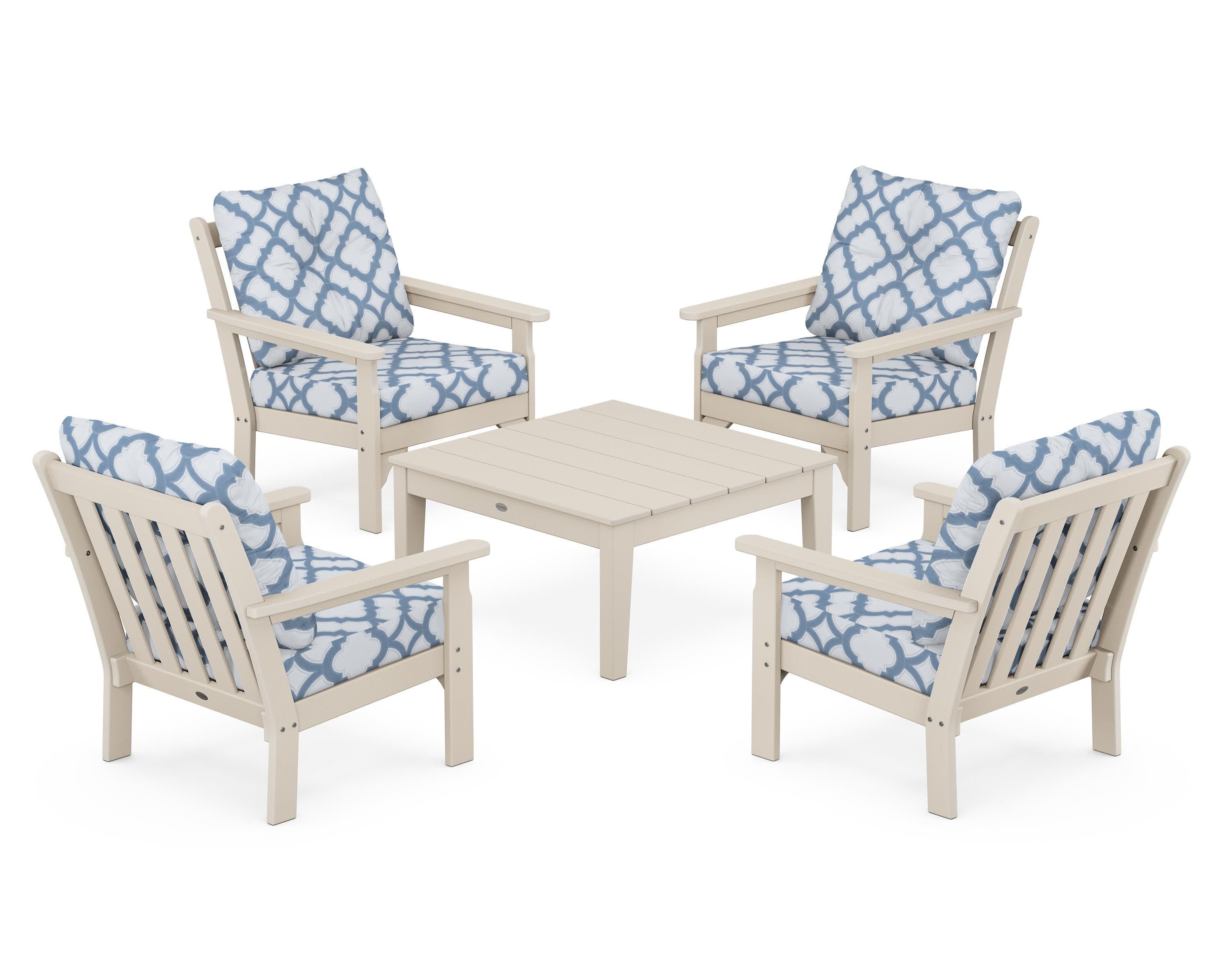 Vineyard 5-Piece Deep Seating Conversation Set in Sand / Trellis Sky Blue