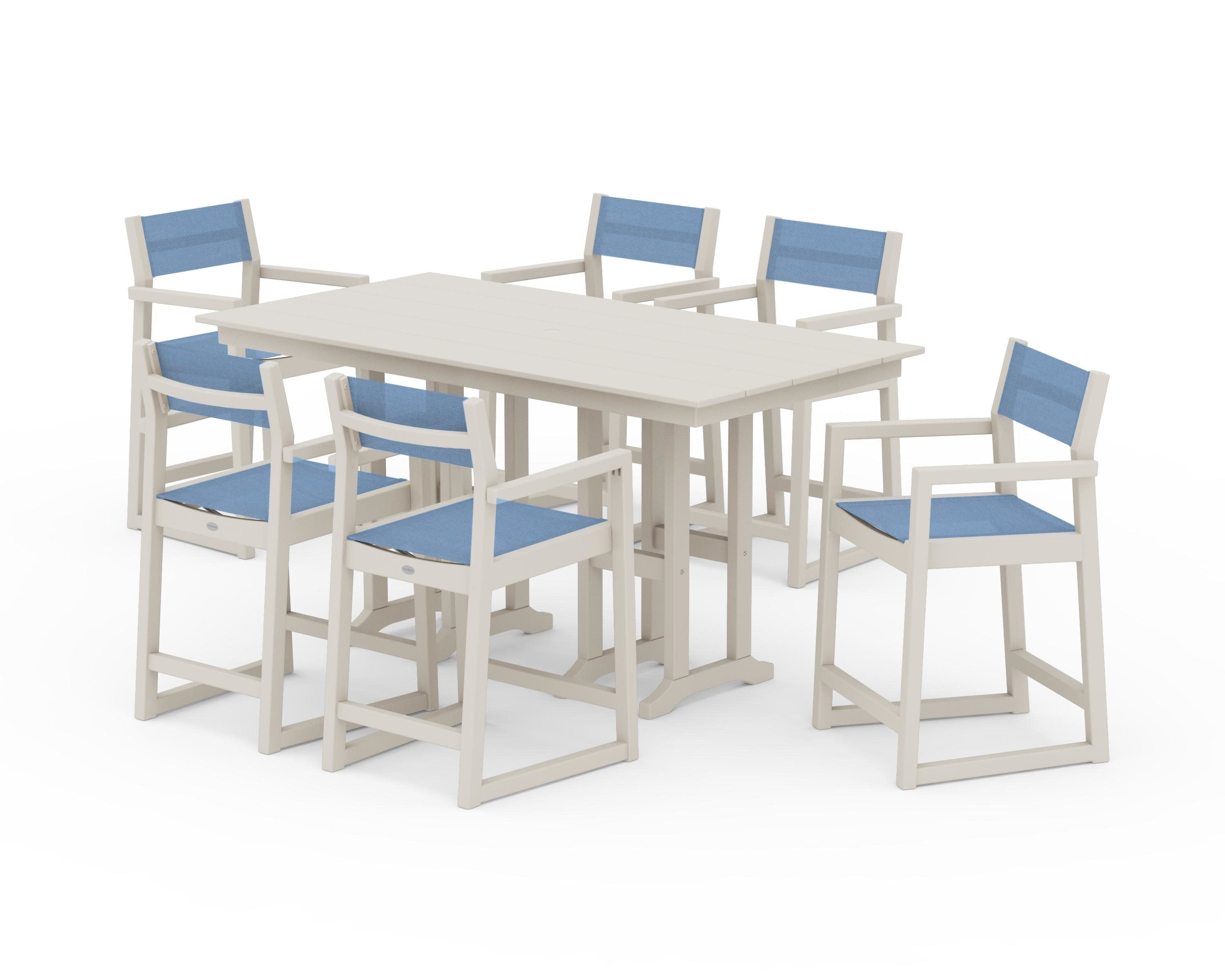 EDGE Sling Arm Chair 7-Piece Farmhouse Counter Set in Sand / Poolside Sling