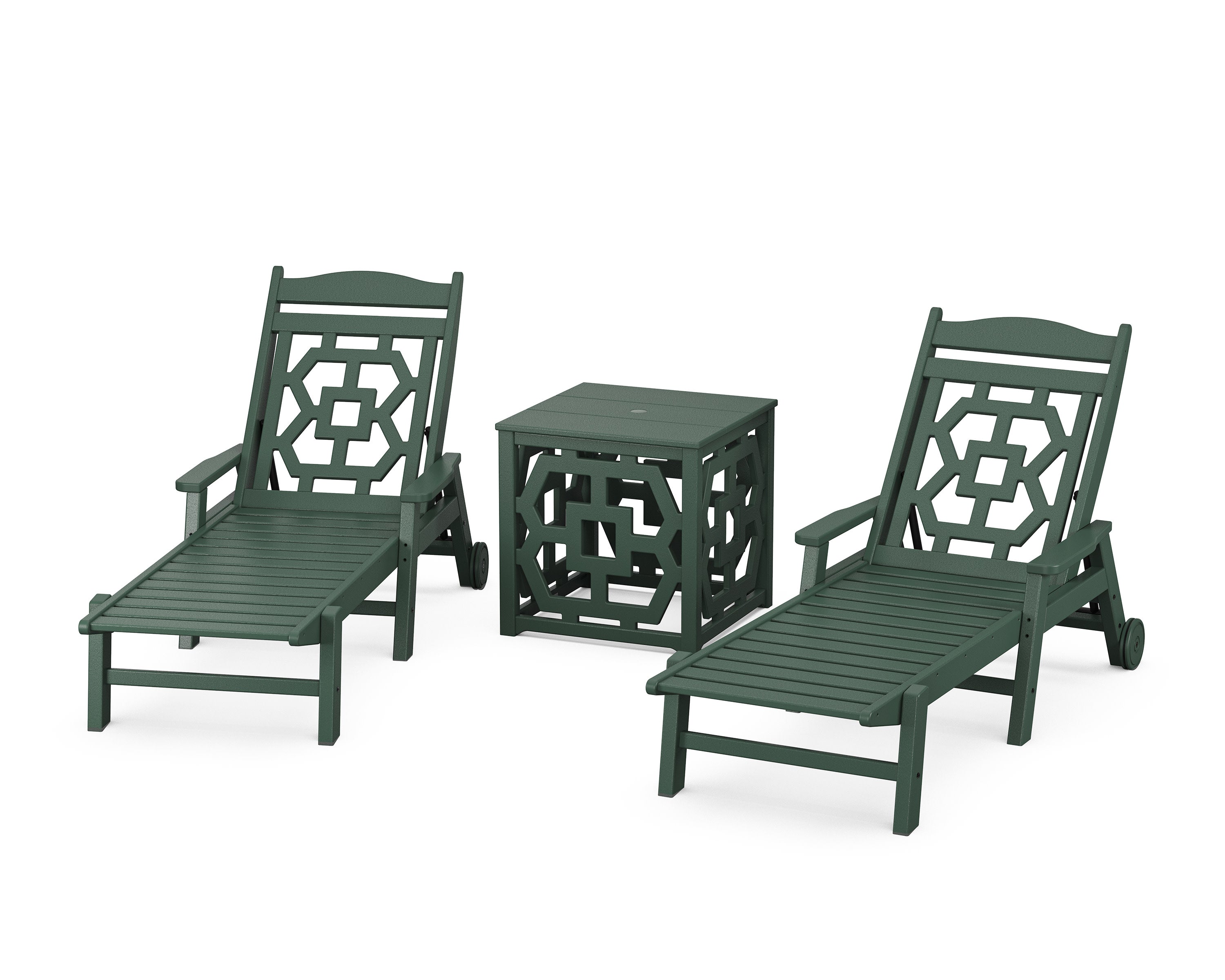 Chinoiserie 3-Piece Chaise Set with Umbrella Stand Accent Table in Green