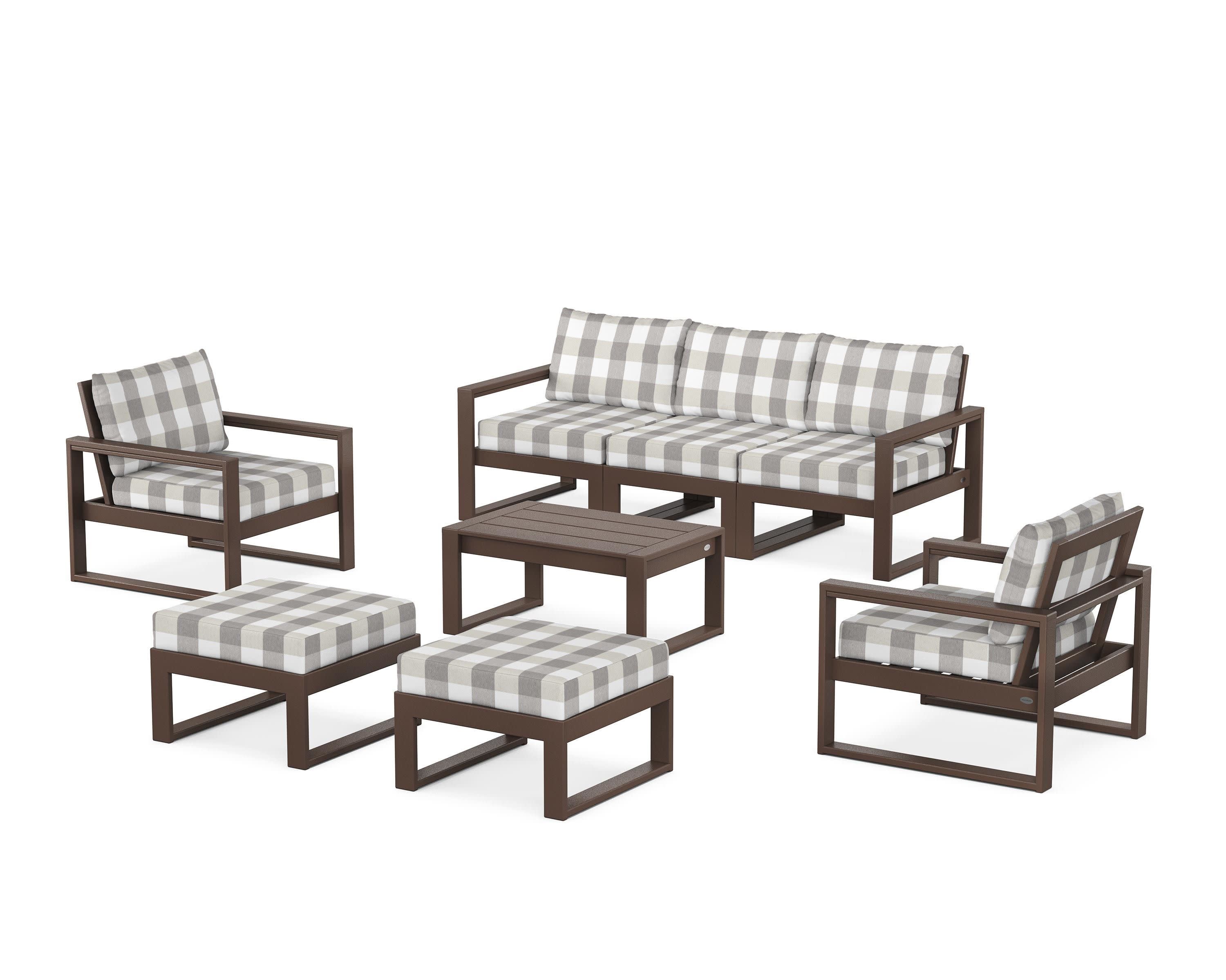 EDGE Sectional 8-Piece Lounge Sofa Set in Mahogany / Buffalo Plaid Grey Mist