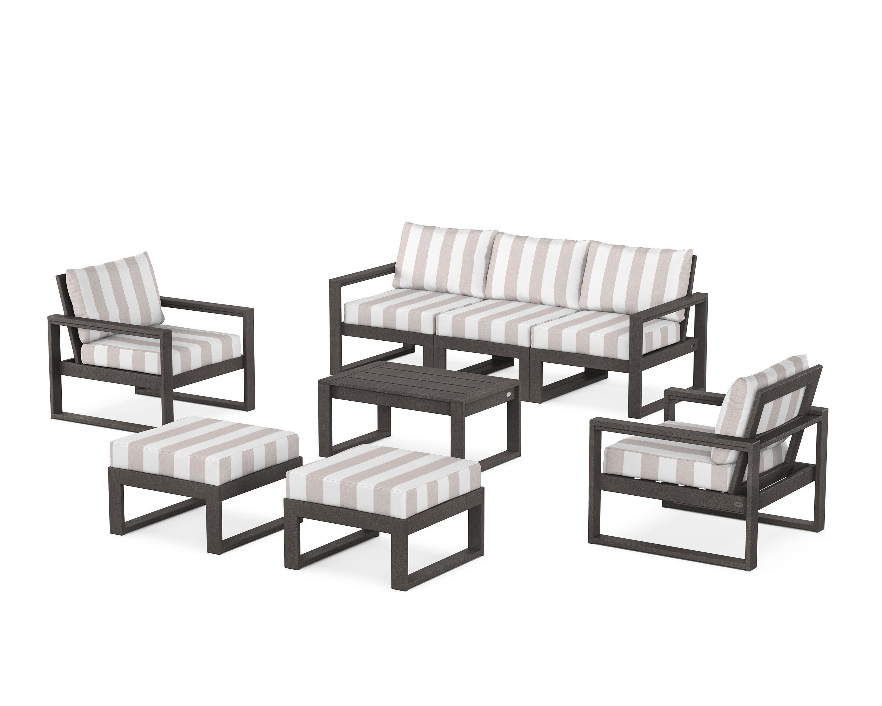 EDGE Sectional 8-Piece Lounge Sofa Set in Vintage Coffee / Cabana Stripe Dune Burlap