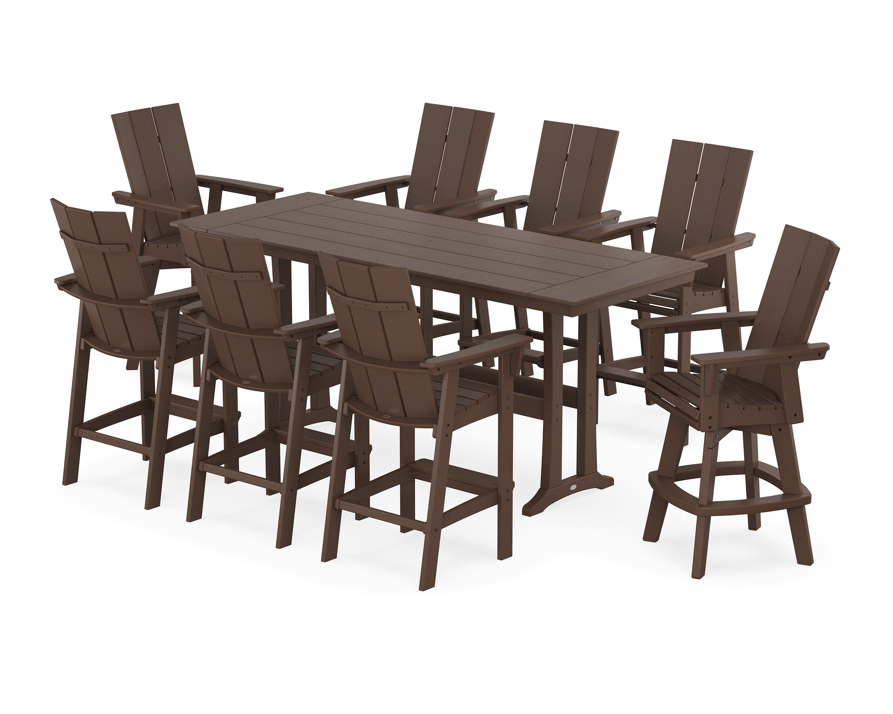 Modern Curveback Adirondack Swivel 9-Piece Farmhouse Bar Set with Trestle Legs in Mahogany