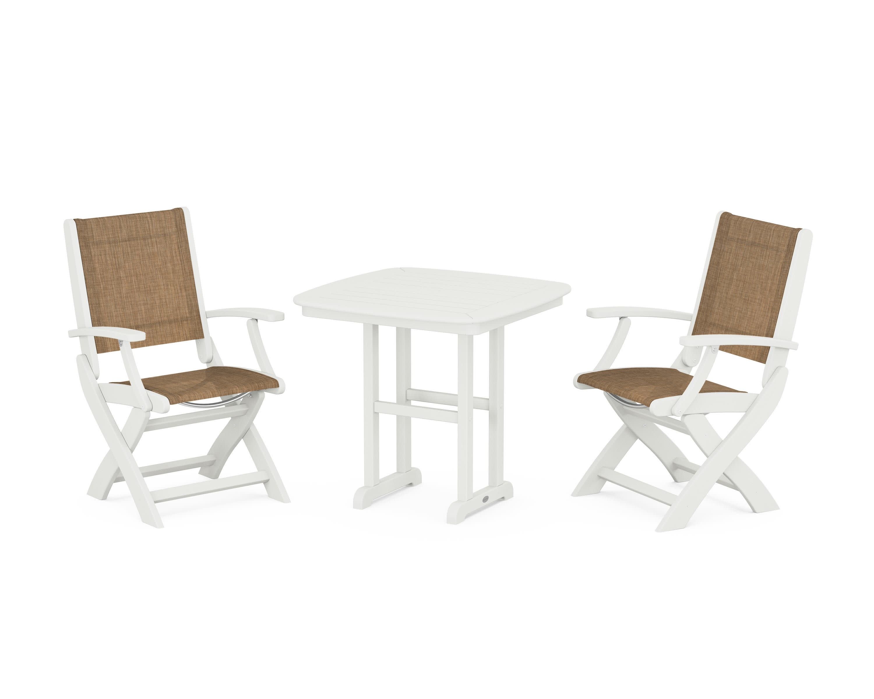 Coastal Folding Chair 3-Piece Dining Set in Vintage White / Burlap Sling