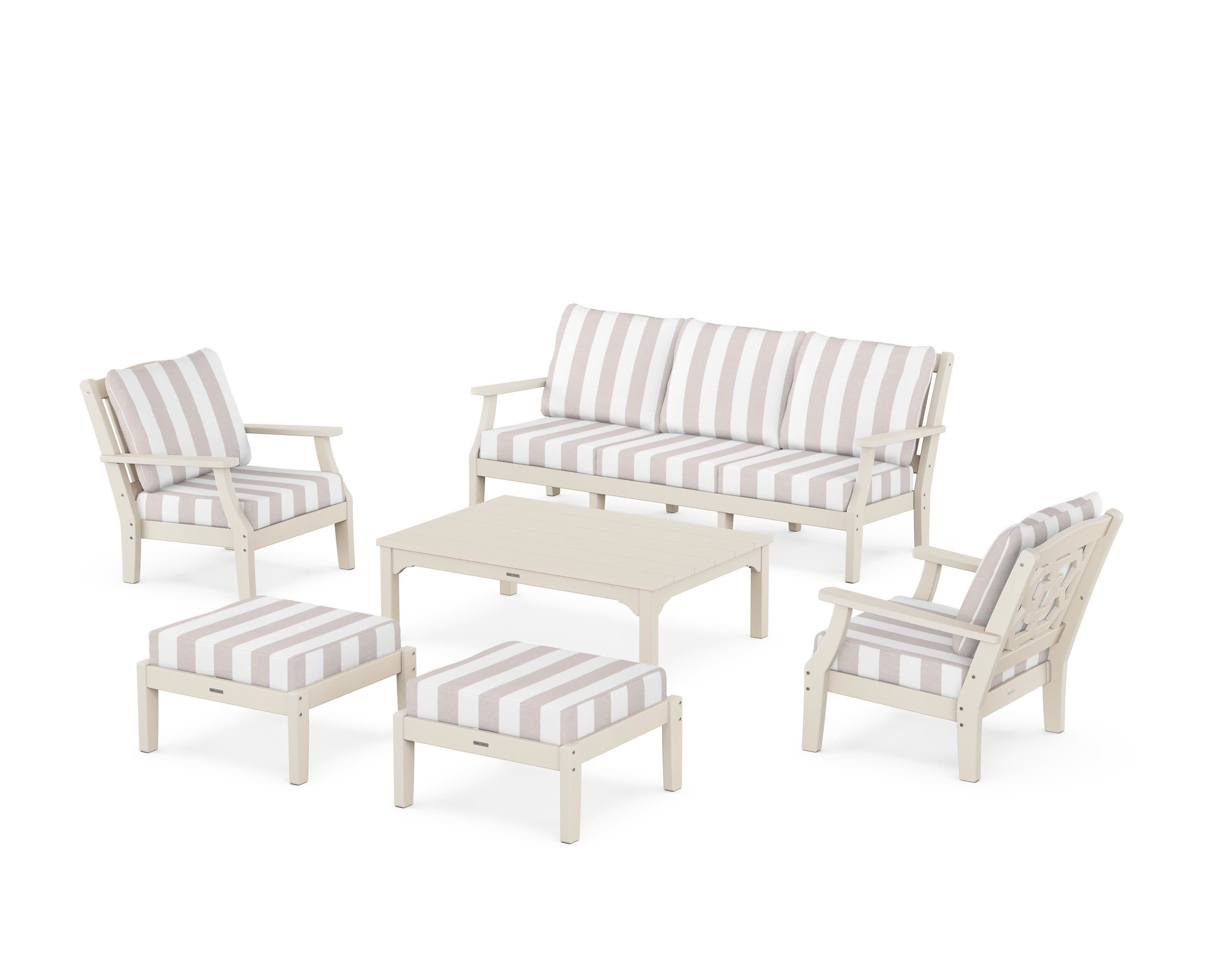 Chinoiserie 6-Piece Lounge Sofa Set in Sand / Cabana Stripe Dune Burlap