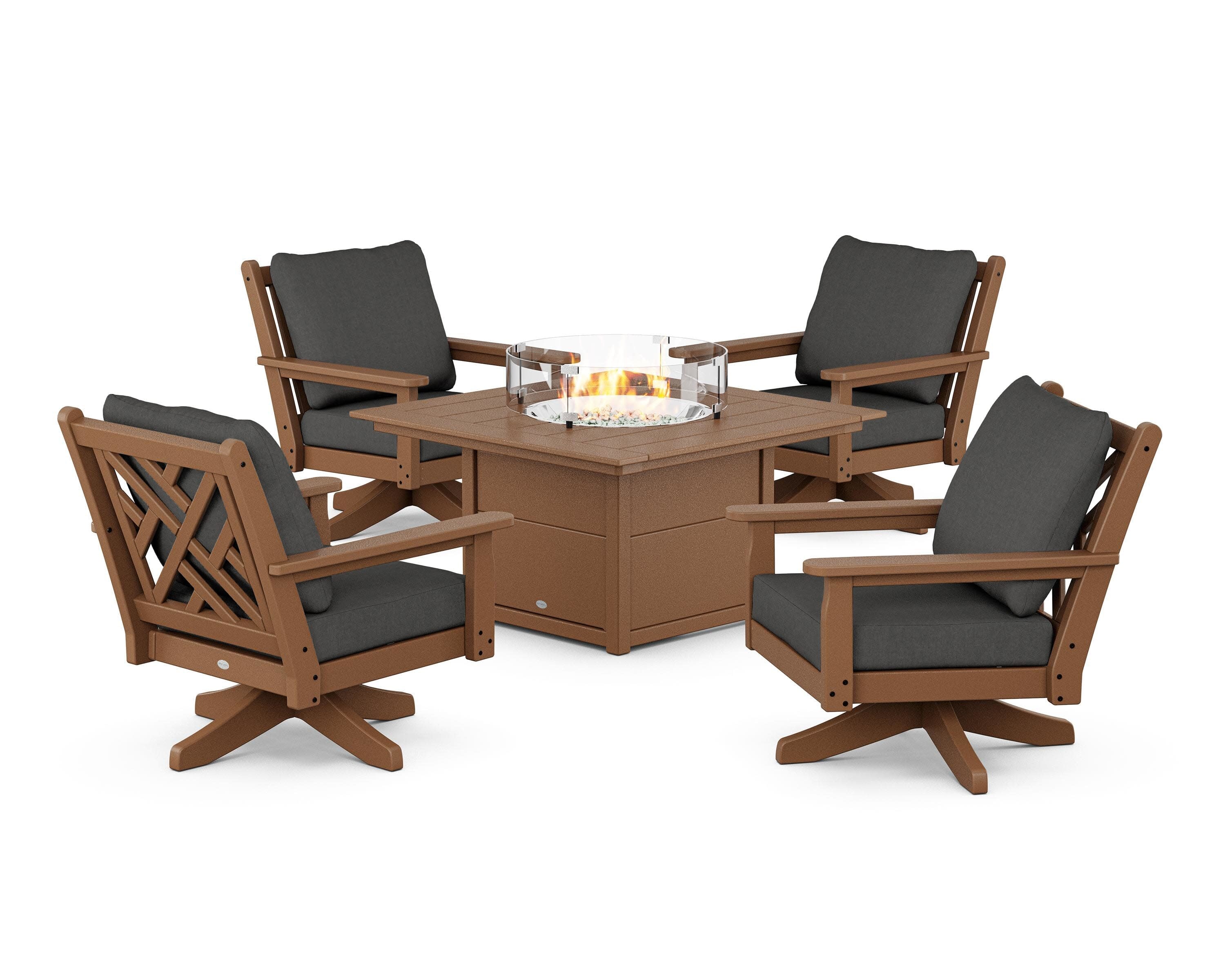 Chippendale 5-Piece Deep Seating Swivel Conversation Set with Fire Pit Table in Teak / Spectrum Carbon