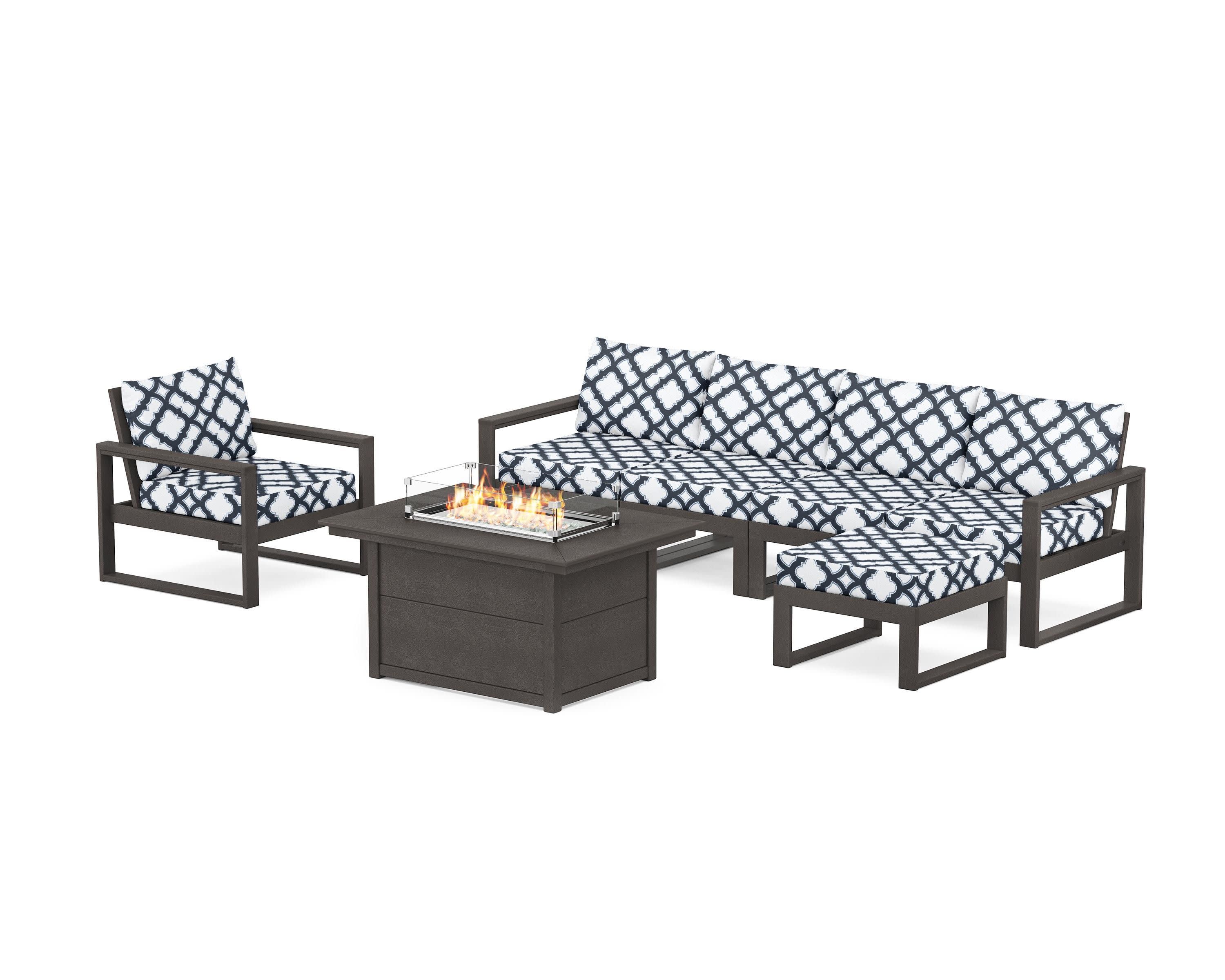EDGE Sectional Lounge and Fire Pit Set in Vintage Coffee / Trellis Marine Indigo