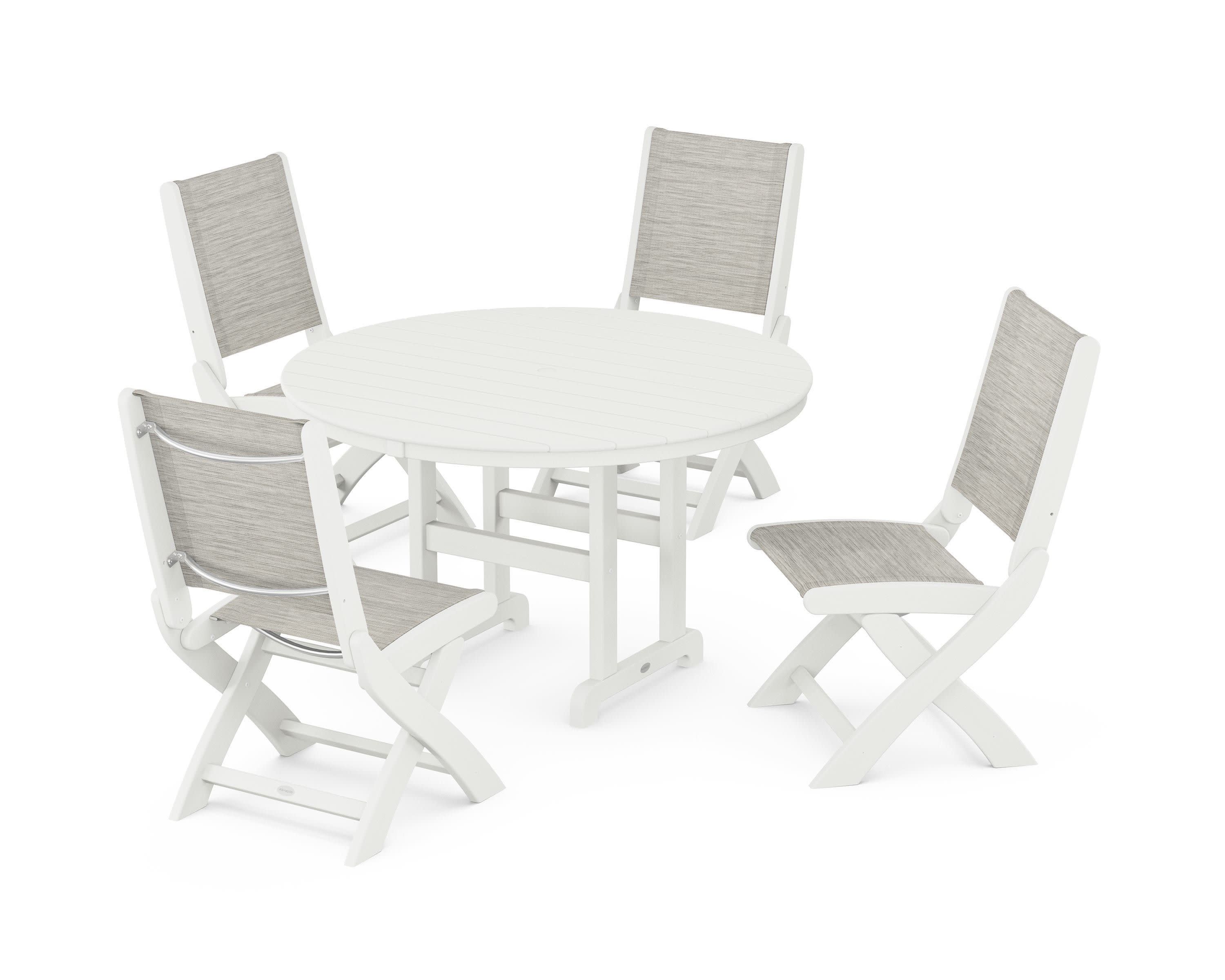 Coastal Folding Side Chair 5-Piece Round Dining Set in Vintage White / Birch Sling