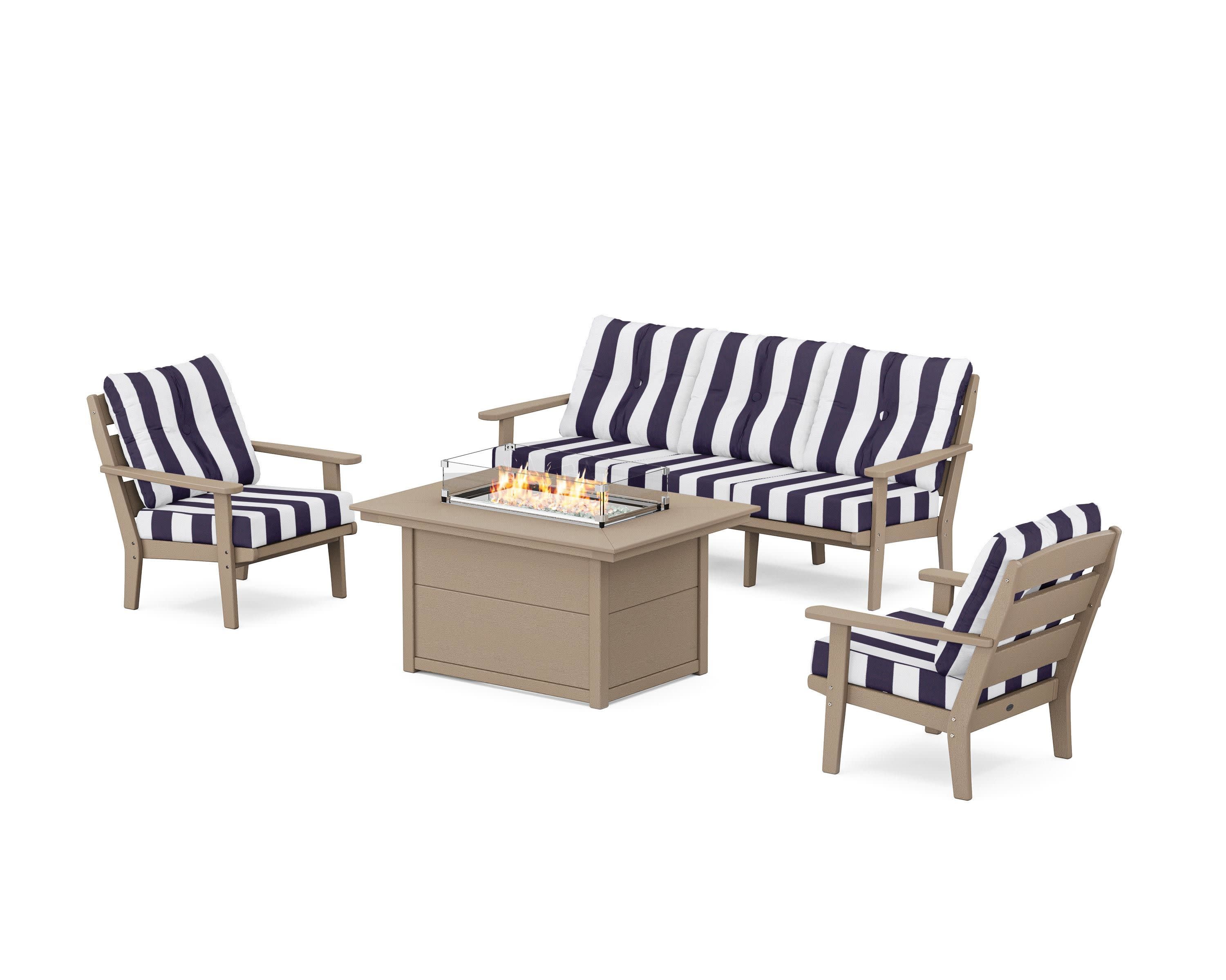 Lakeside Deep Seating Fire Pit Table Set in Vintage Sahara / Cabana Stripe Navy