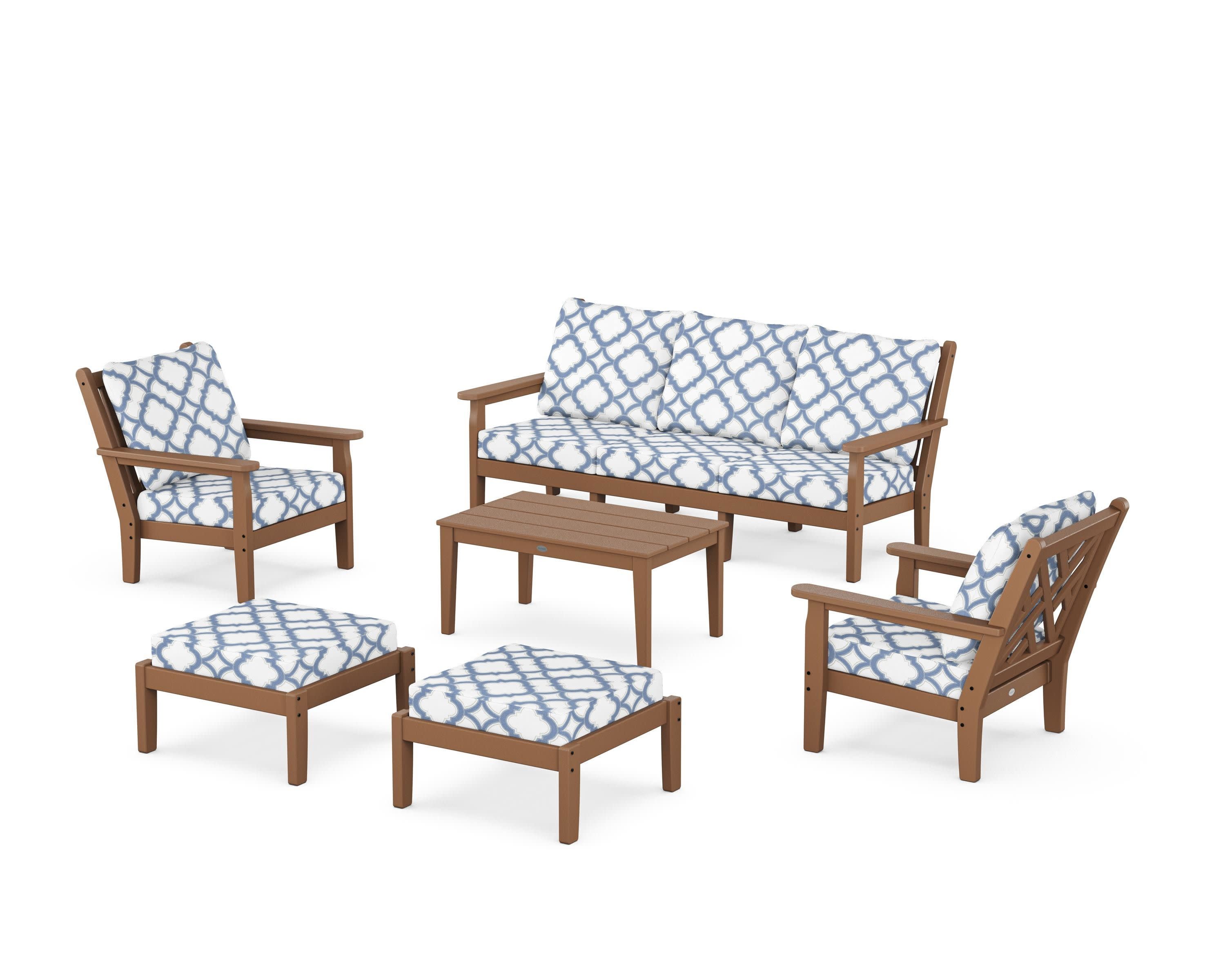 Chippendale 6-Piece Lounge Sofa Set in Teak / Trellis Sky Blue