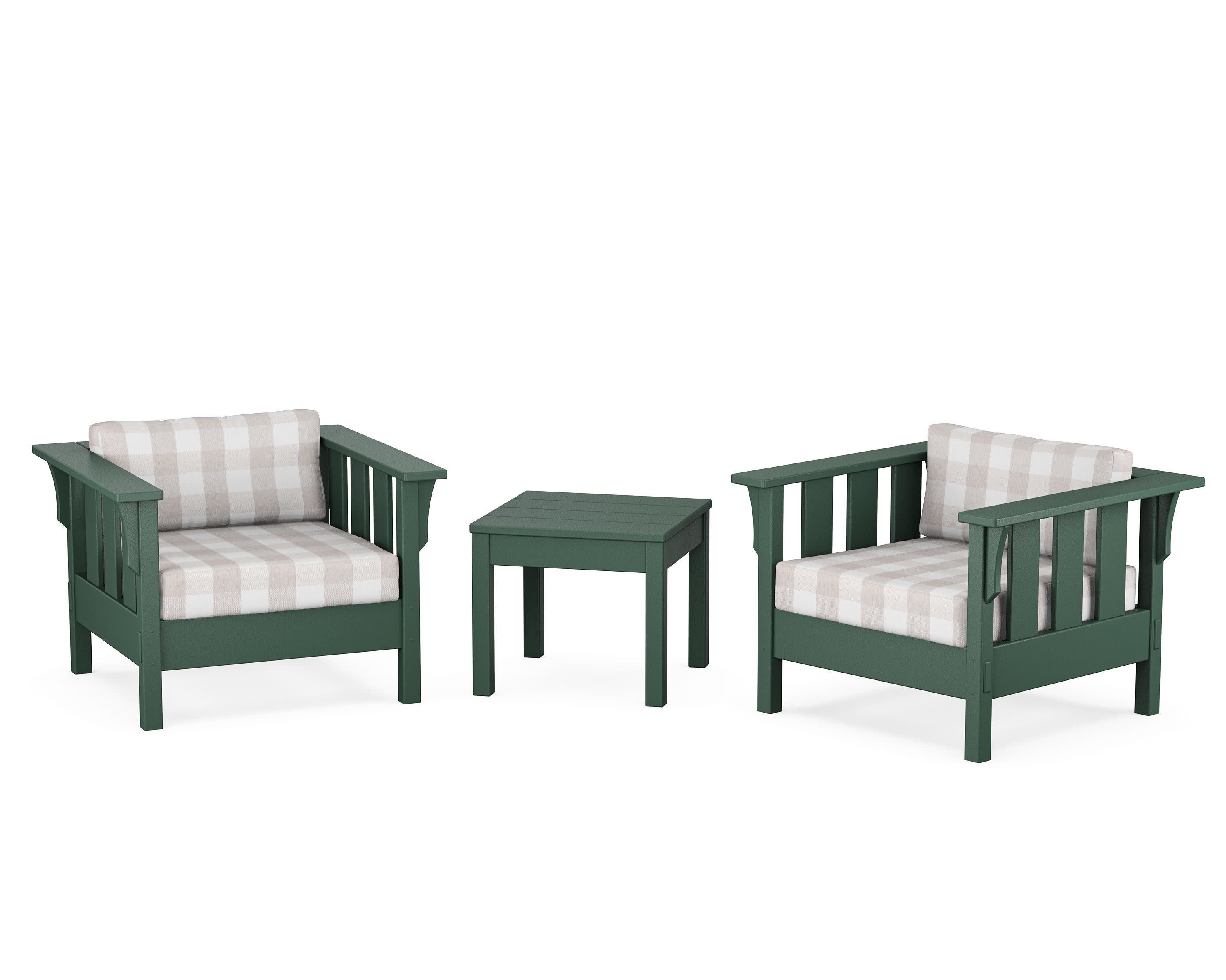 Acadia 3-Piece Deep Seating Set in Green / Buffalo Plaid Dune Burlap