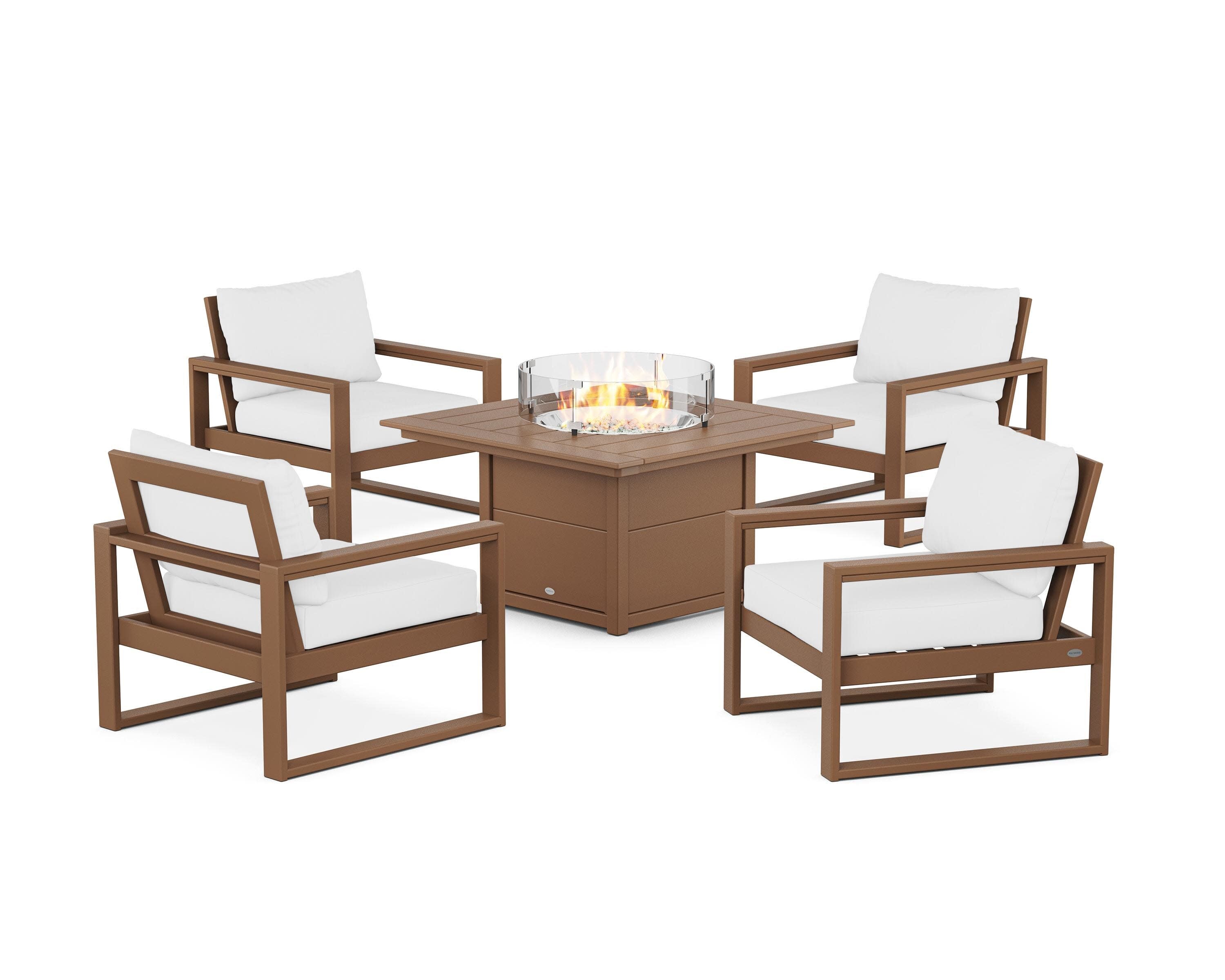 EDGE Sectional 5-Piece Deep Seating Set with Fire Pit Table in Teak / Natural