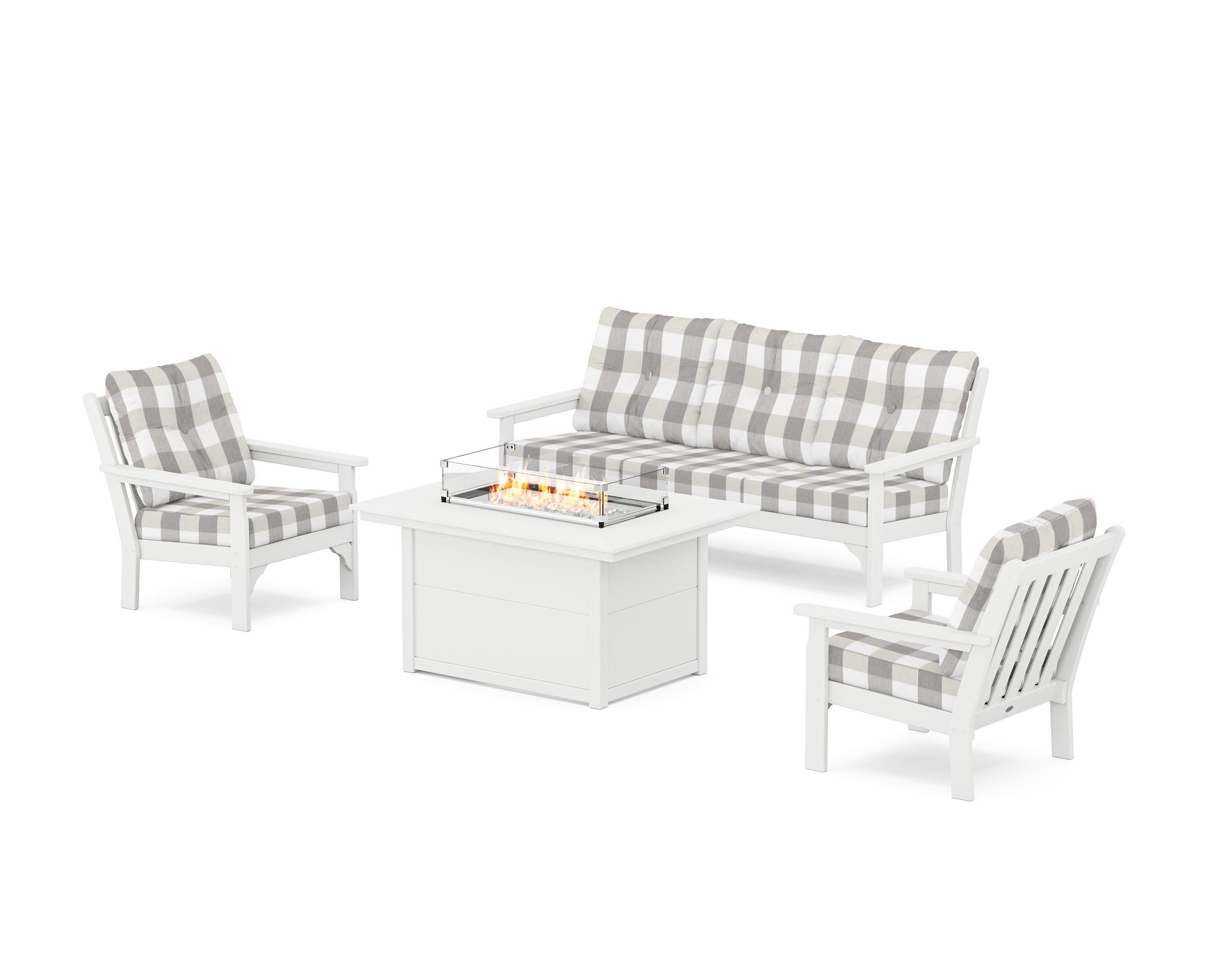 Vineyard Deep Seating Fire Pit Table Set in White / Buffalo Plaid Grey Mist