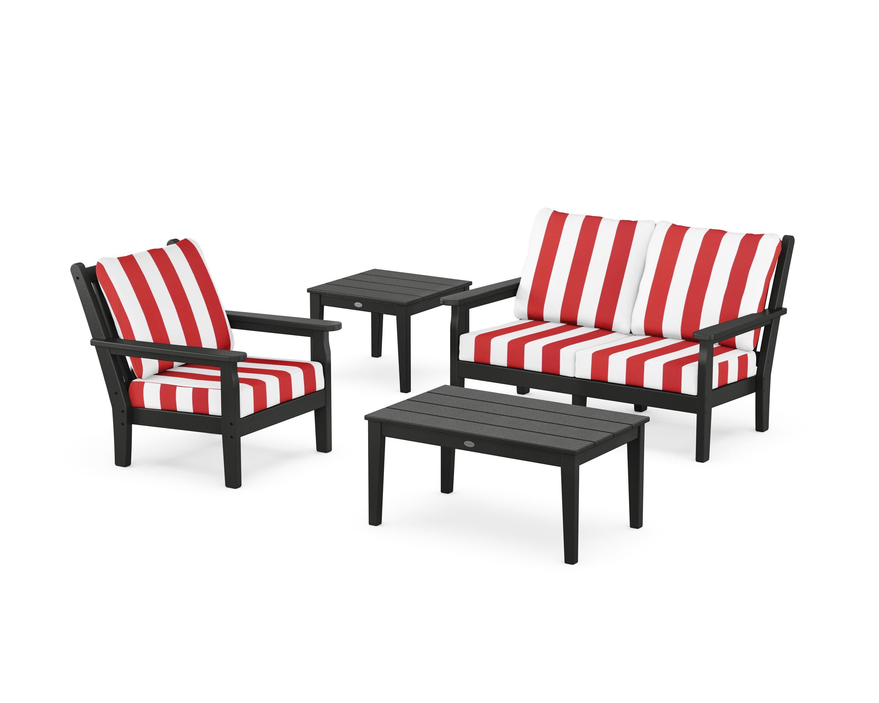 Chippendale 4-Piece Deep Seating Set in Black / Cabana Stripe Crimson