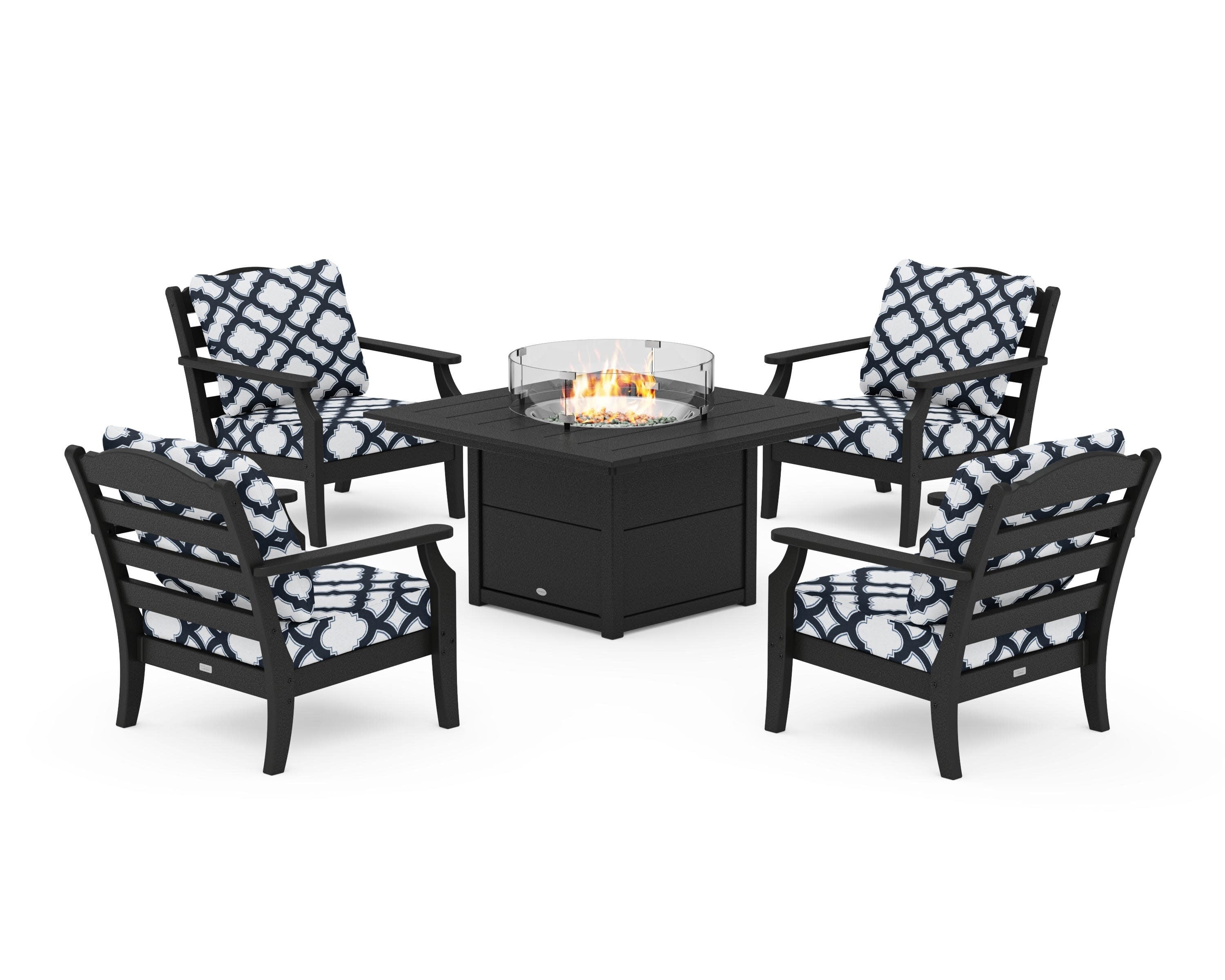 Savannah 5-Piece Deep Seating Set with Fire Pit Table in Black / Trellis Marine Indigo