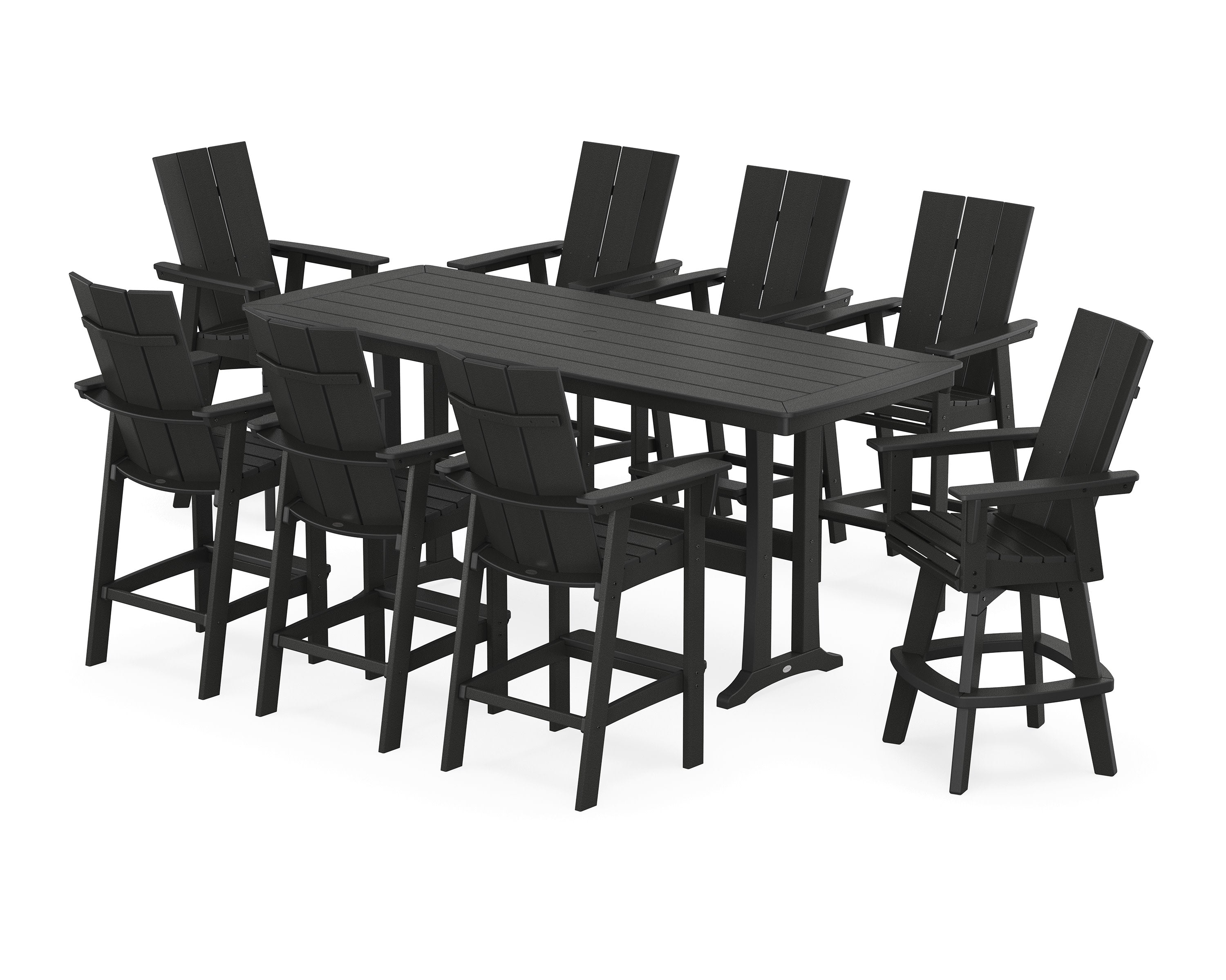 Modern Curveback Adirondack Swivel 9-Piece Bar Set with Trestle Legs in Black