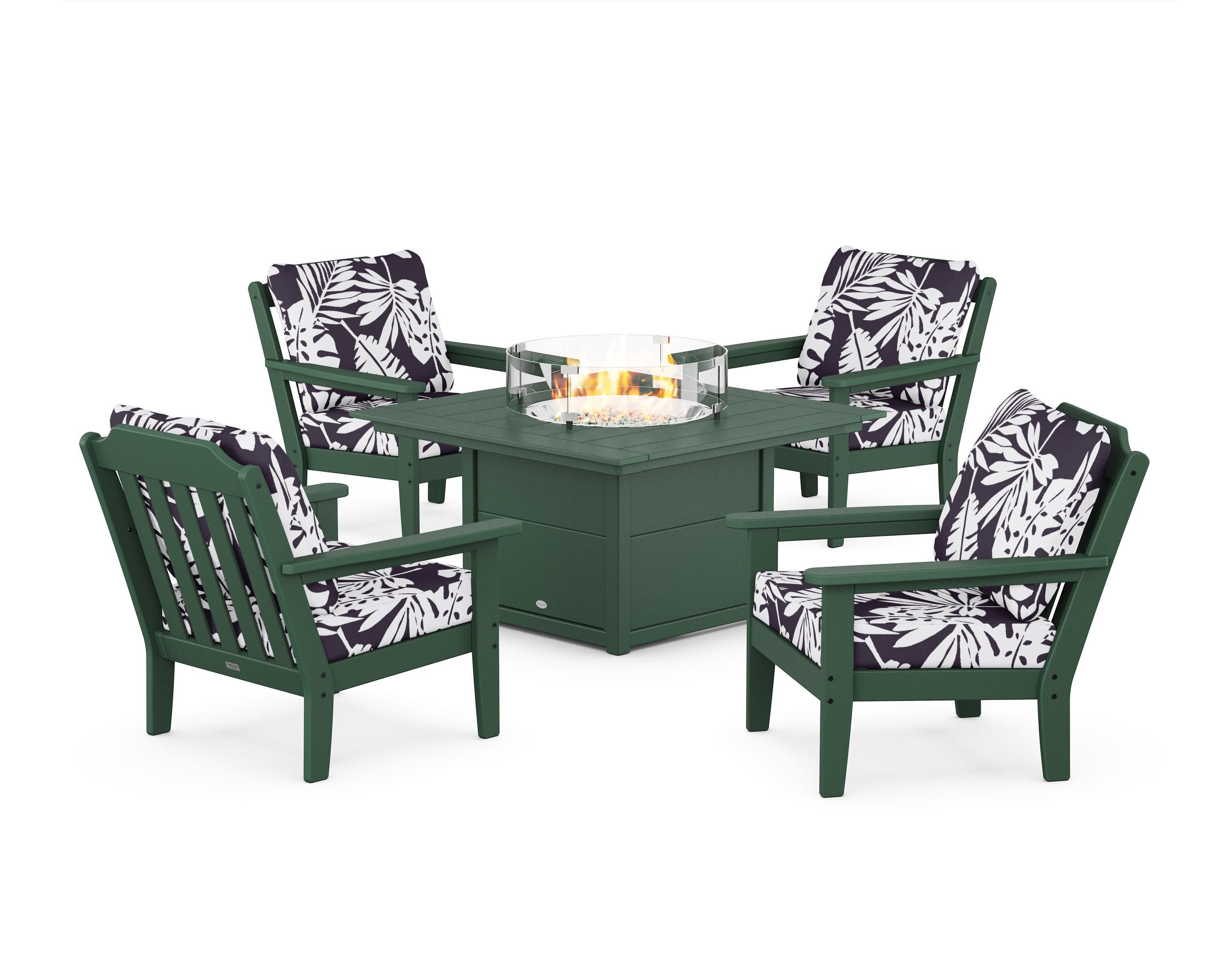 Cottage 5-Piece Deep Seating Set with Fire Pit Table in Green / Leaf Navy