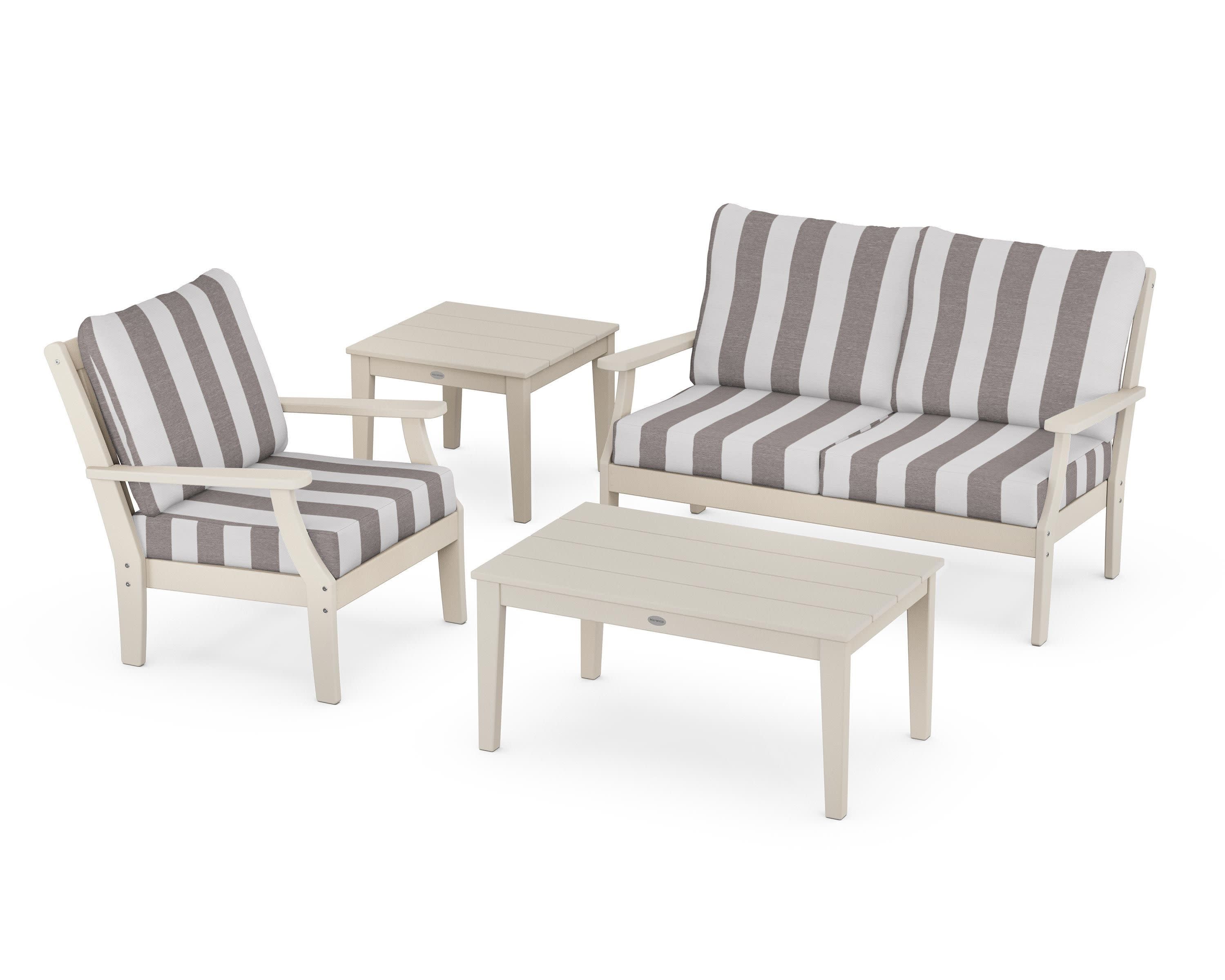 Braxton 4-Piece Deep Seating Set in Sand / Cabana Stripe Grey Mist