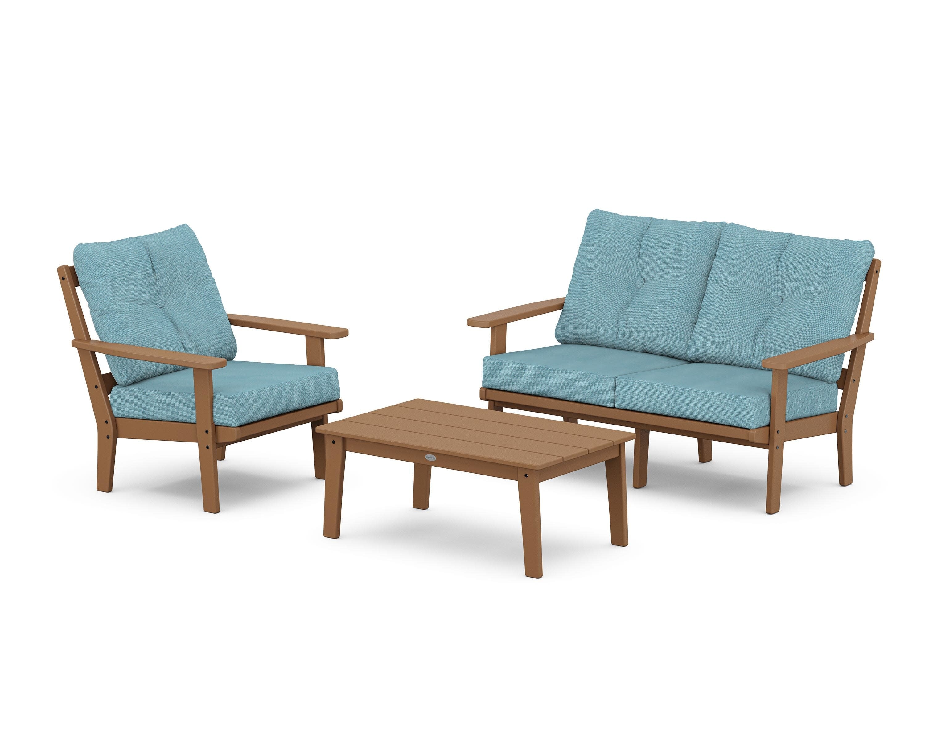 Prairie 3-Piece Deep Seating Set with Loveseat in Teak / Lattice Sky Blue