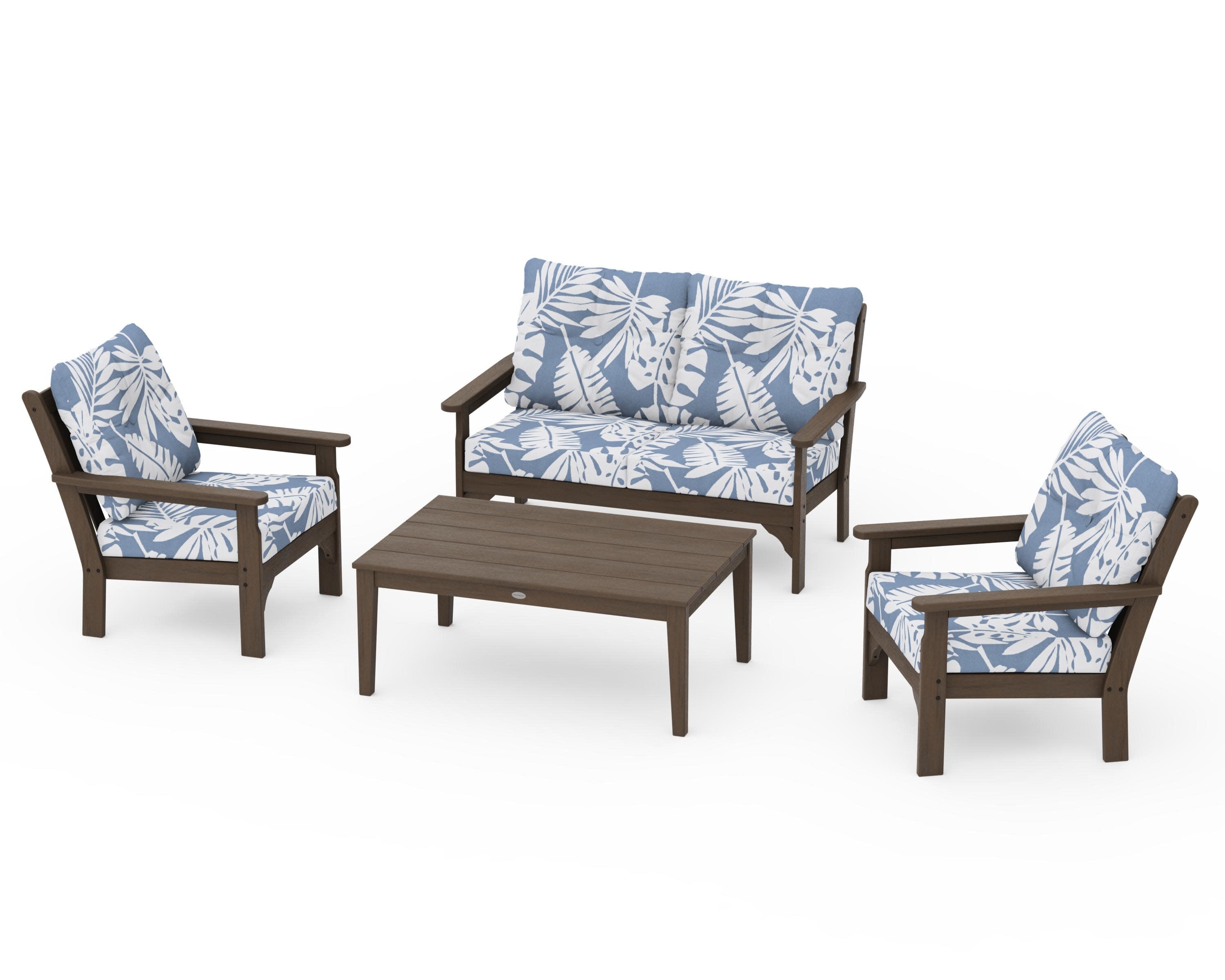 Vineyard 4-Piece Deep Seating Set in Kona / Leaf Sky Blue