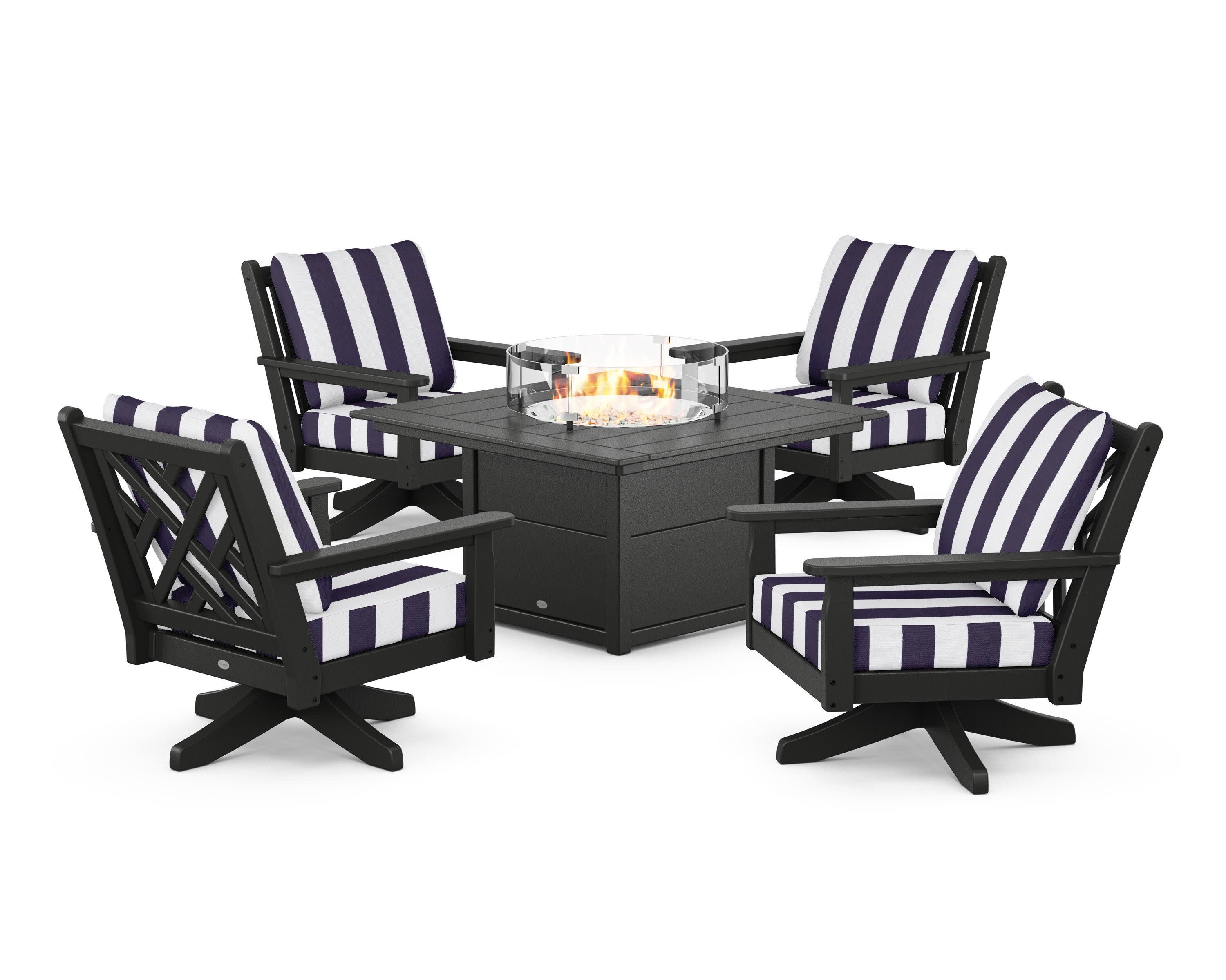 Chippendale 5-Piece Deep Seating Swivel Conversation Set with Fire Pit Table in Black / Cabana Stripe Navy