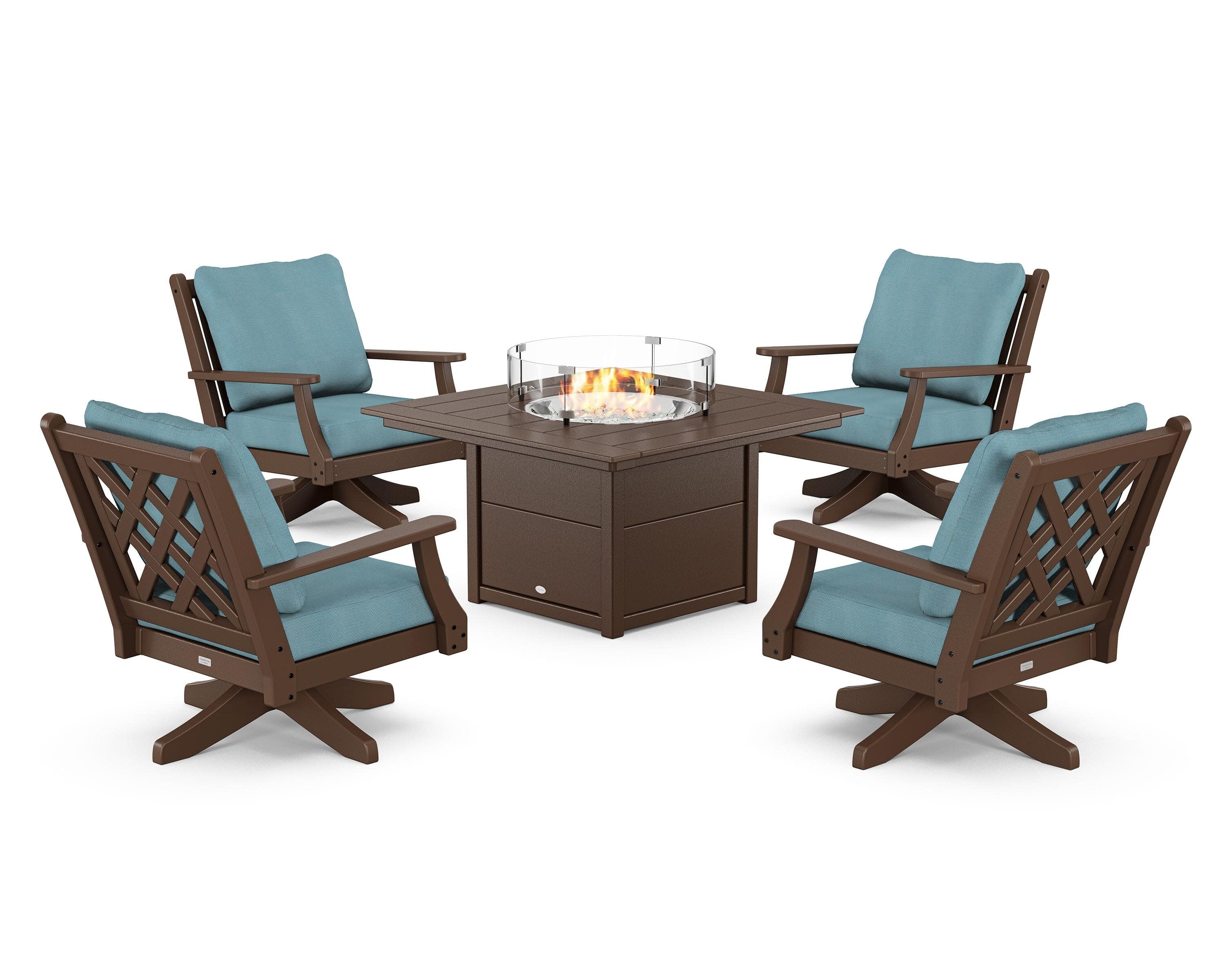 Wovendale 5-Piece Deep Seating Swivel Conversation Set with Fire Pit Table in Mahogany / Lattice Sky Blue