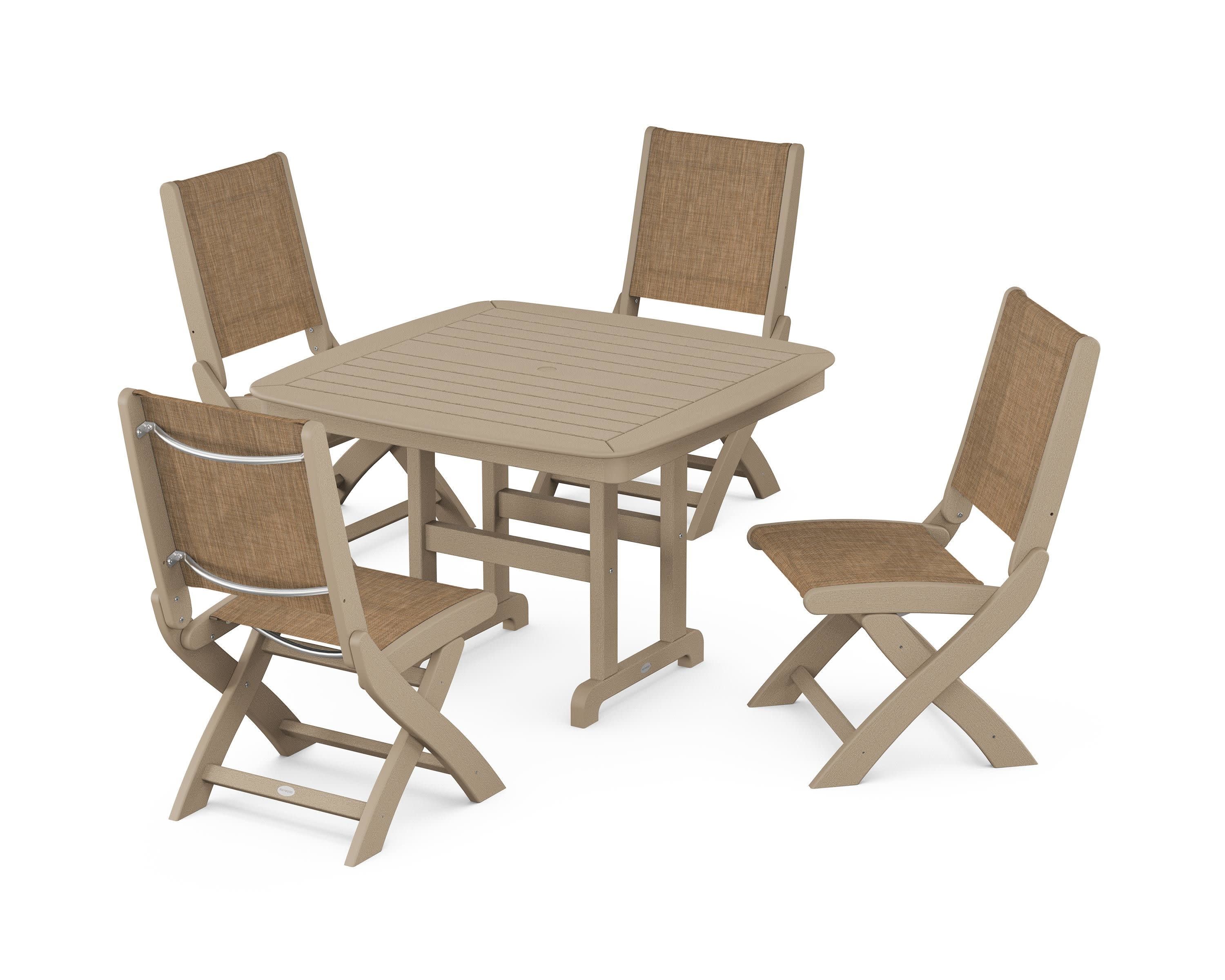 Coastal Folding Side Chair 5-Piece Dining Set in Vintage Sahara / Burlap Sling
