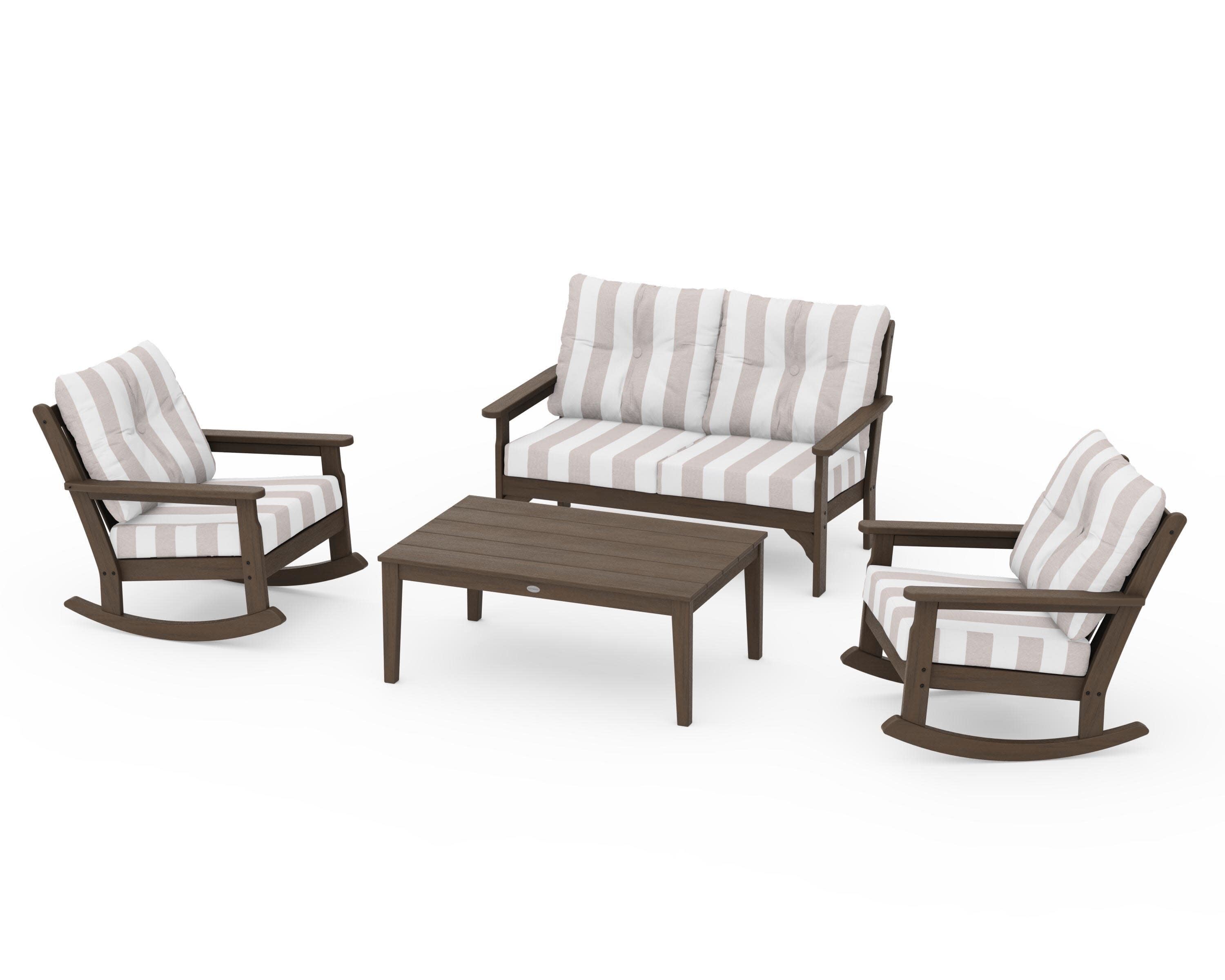 Vineyard 4-Piece Deep Seating Rocking Chair Set in Kona / Cabana Stripe Dune Burlap