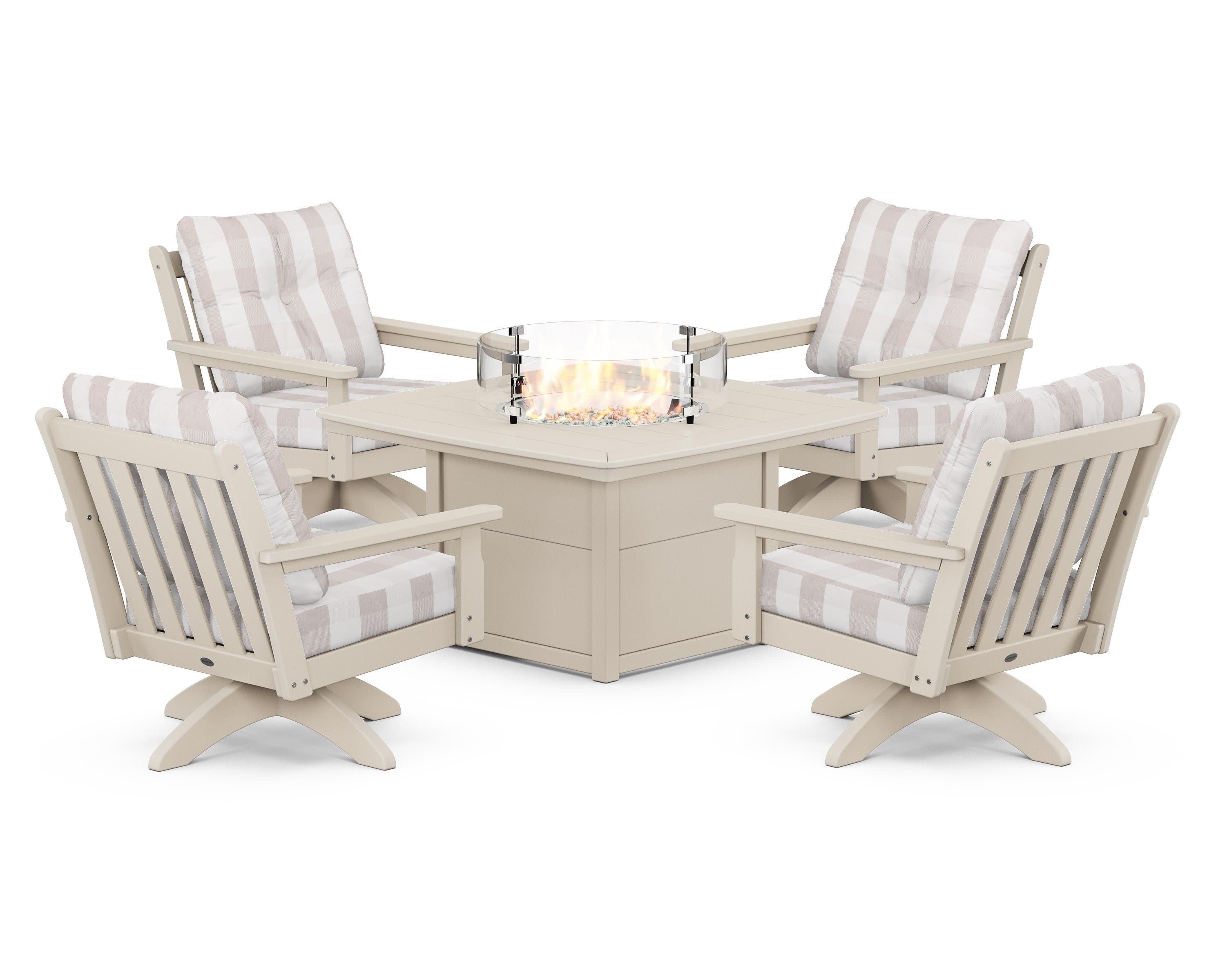 Vineyard 5-Piece Deep Seating Swivel Conversation Set with Fire Pit Table in Sand / Buffalo Plaid Dune Burlap