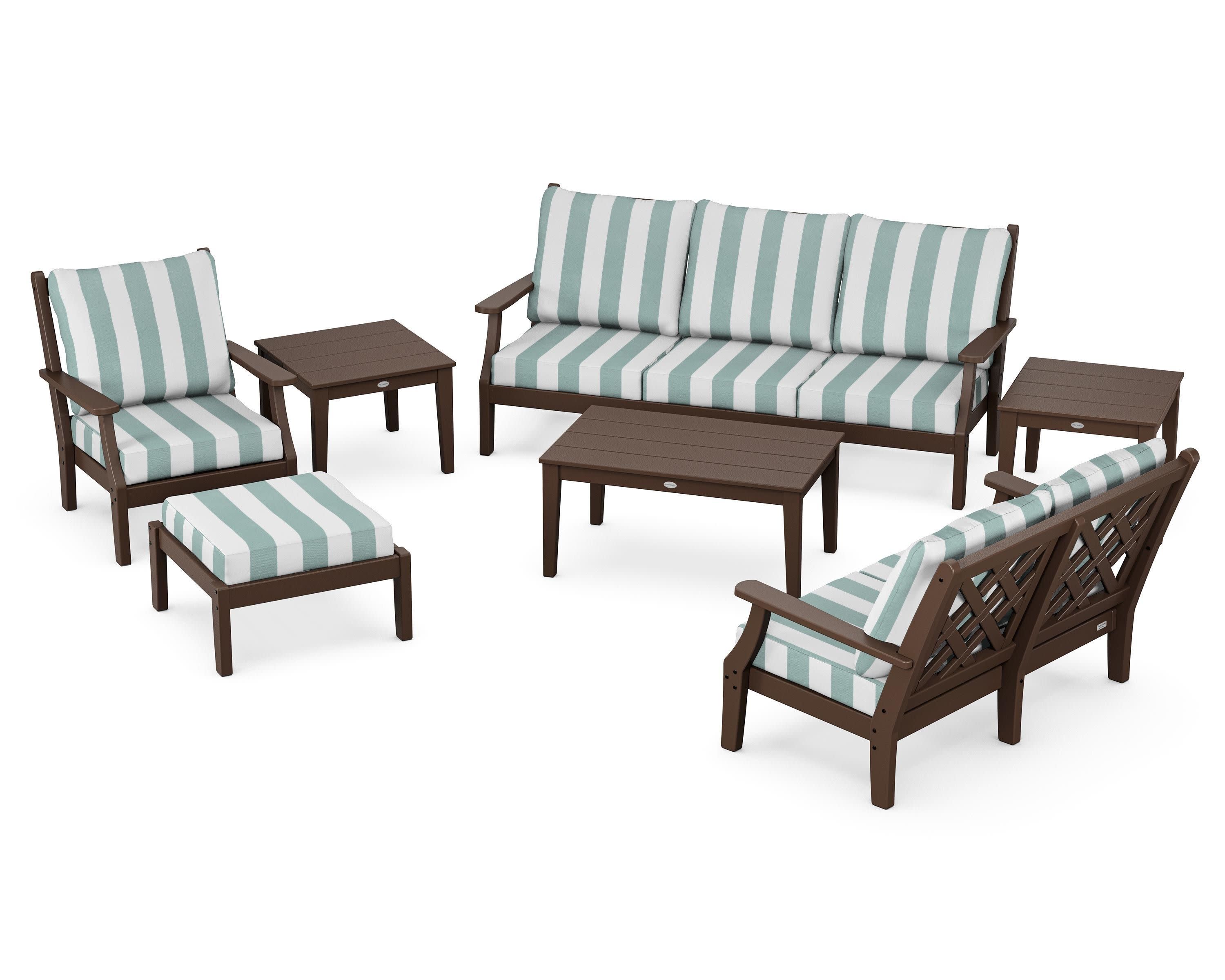 Wovendale 7-Piece Deep Seating Set in Mahogany / Cabana Stripe Glacier Spa