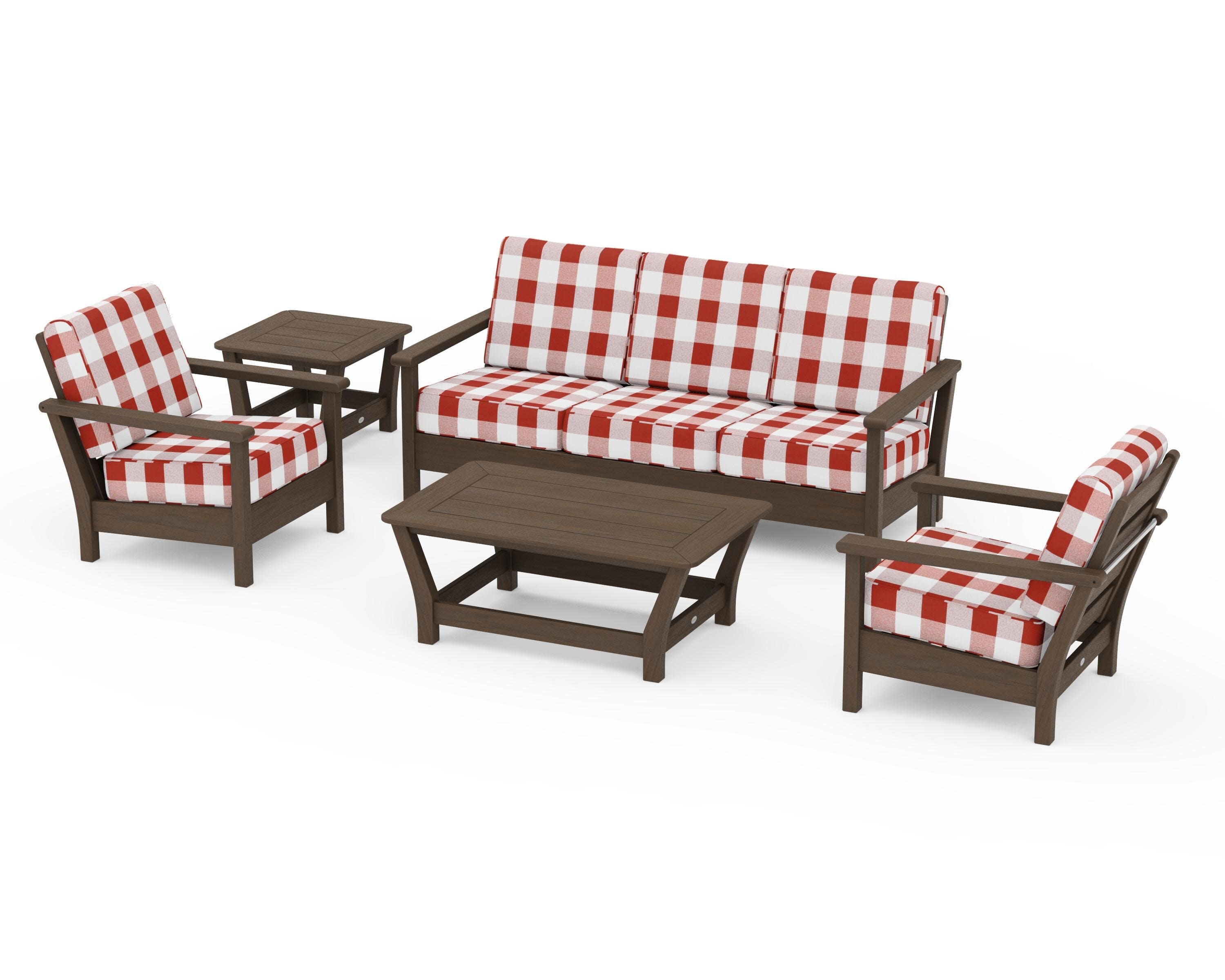Harbour 5-Piece Deep Seating Set in Kona / Buffalo Plaid Crimson